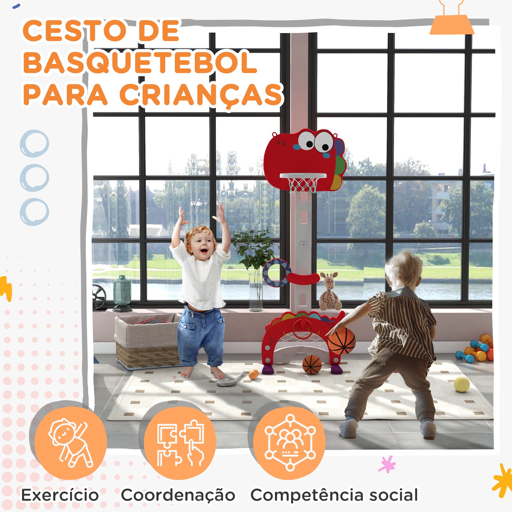 Tabela de Basquetebol Infantil 5 em 1 - Vermelho - 46x51x134-152 cm