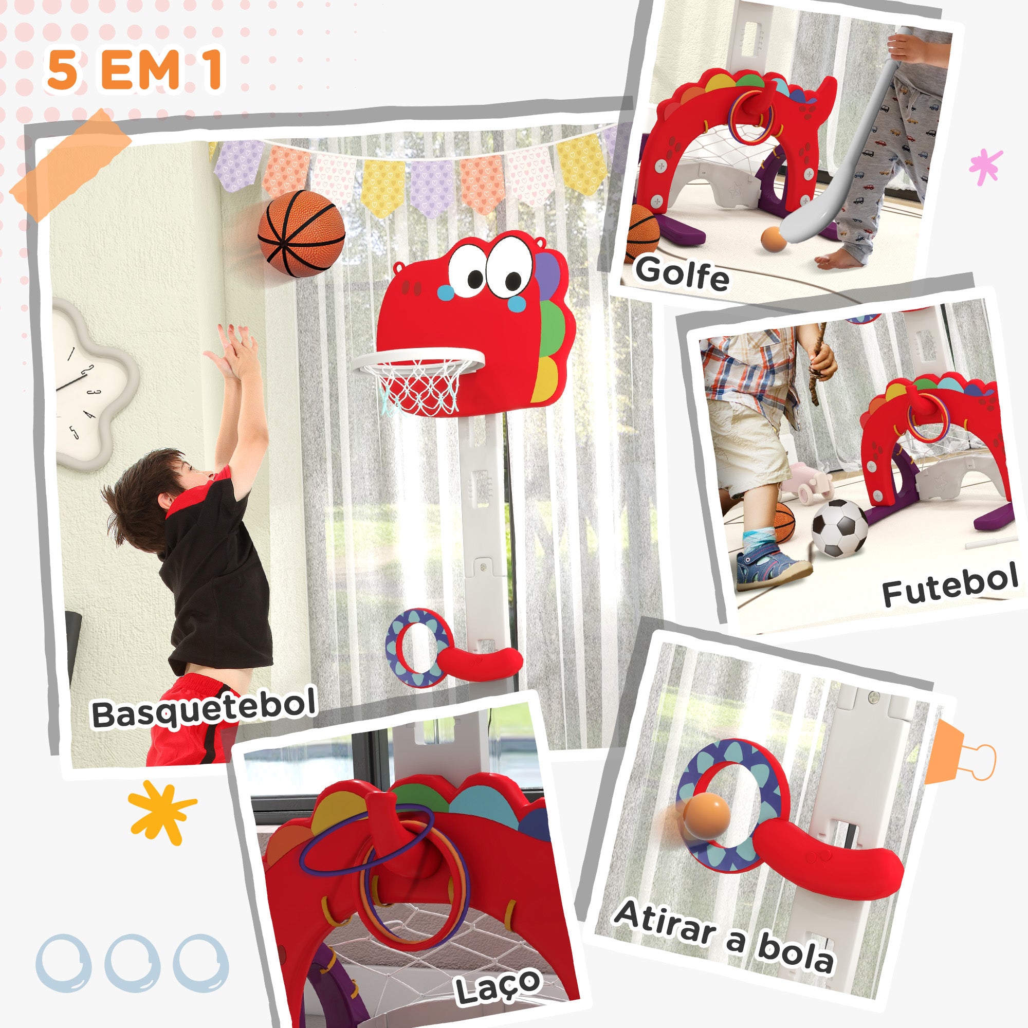 Tabela de Basquetebol Infantil 5 em 1 - Vermelho - 46x51x134-152 cm