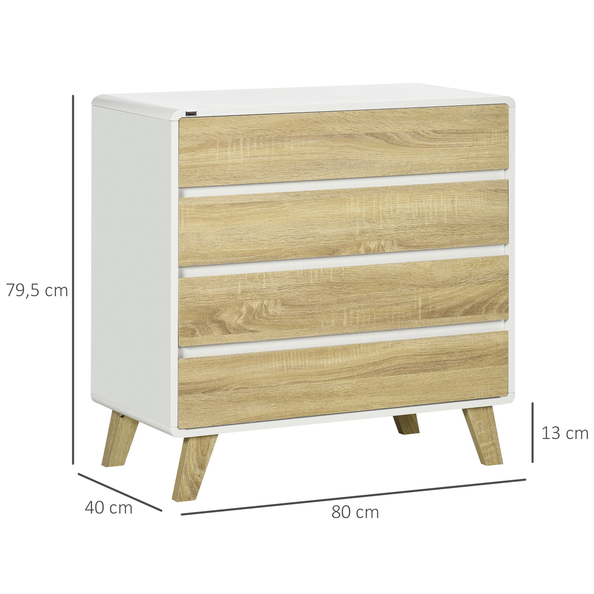 Cómoda de Madeira com 4 Gavetas Branca e Carvalho 80x40x79,5cm