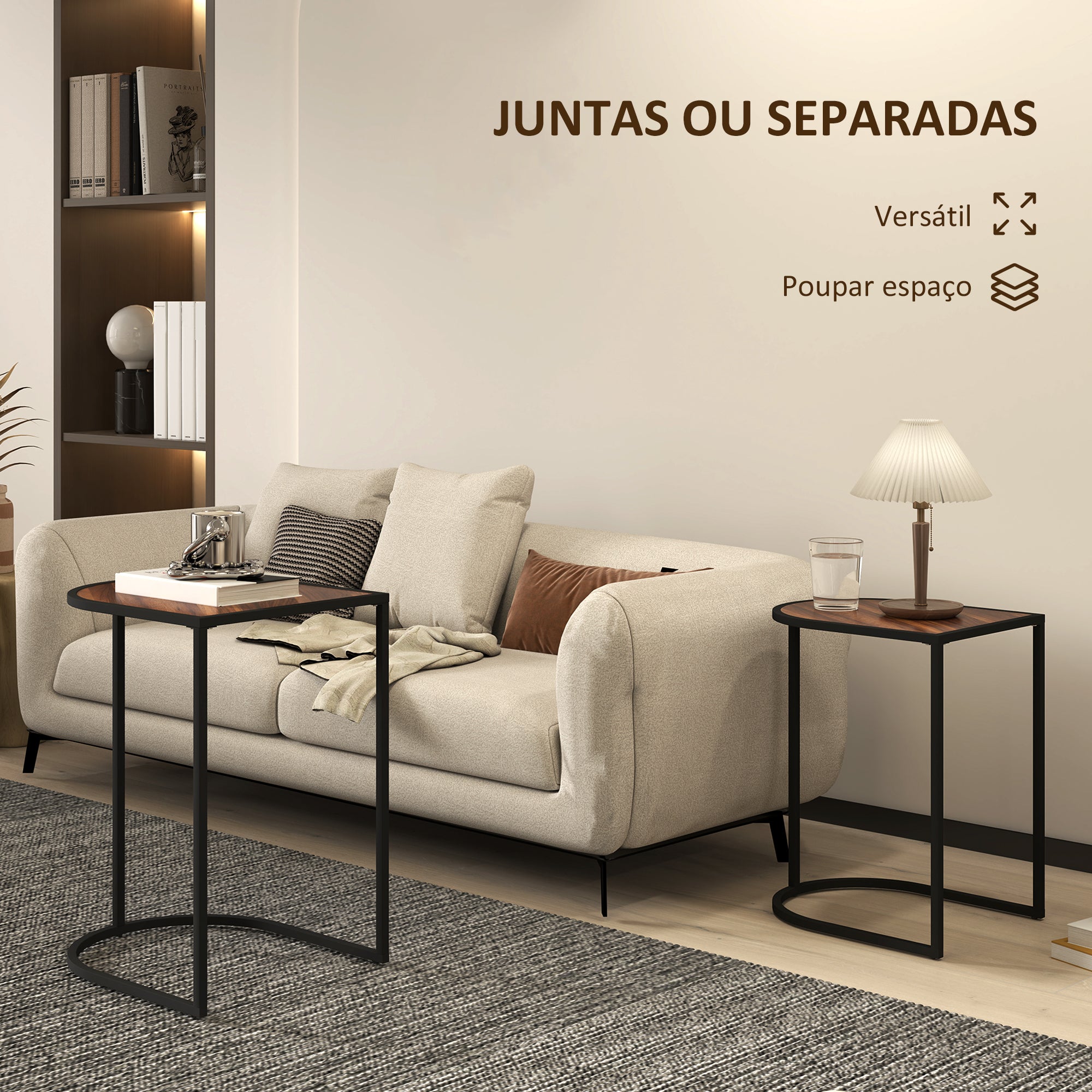 Conjunto de Mesas Auxiliares – 45x38x58 cm – Marrom Rústico – Melamina de madeira e aço