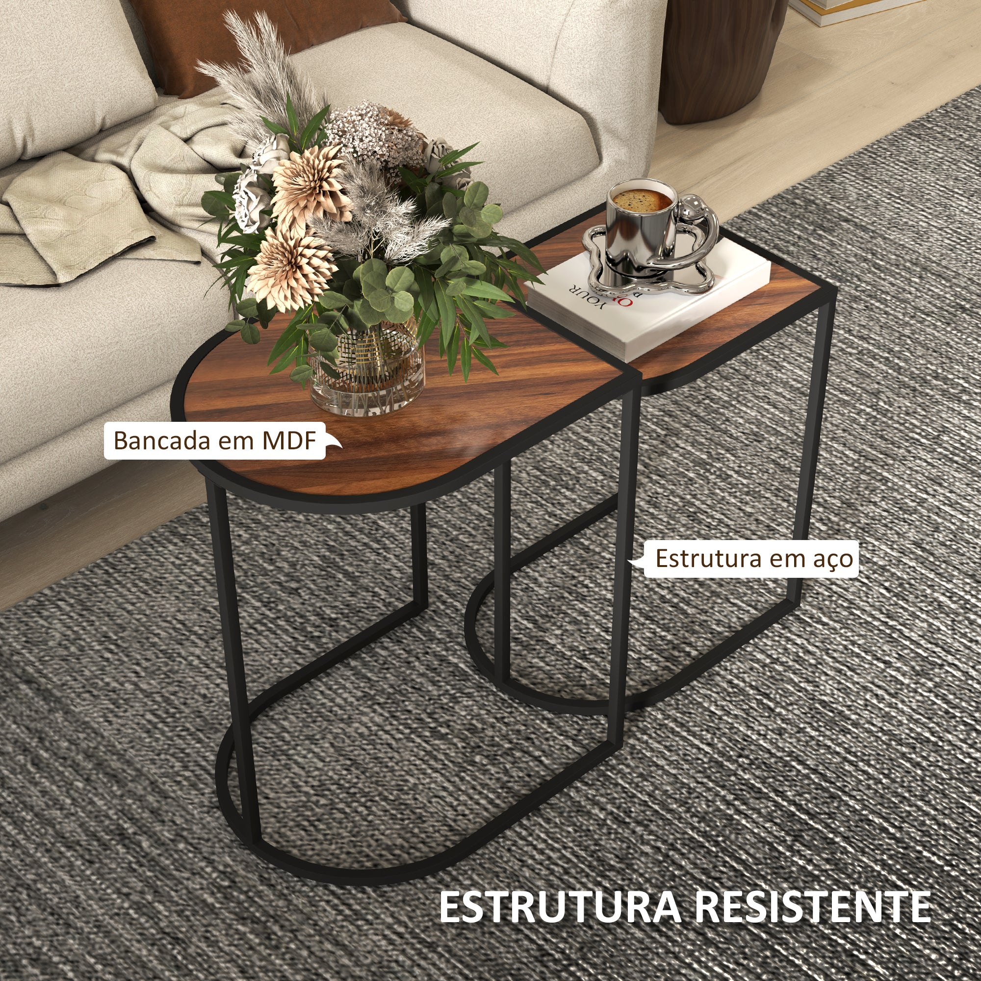 Conjunto de Mesas Auxiliares – 45x38x58 cm – Marrom Rústico – Melamina de madeira e aço