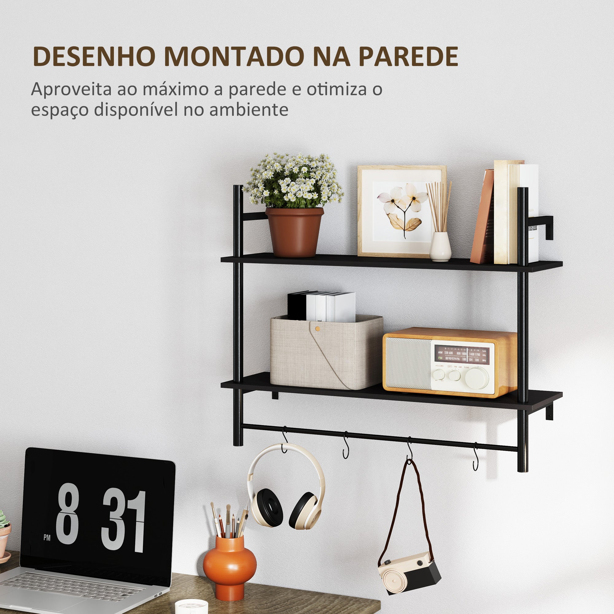 Estante de Parede de 2 Níveis com 4 Ganchos – 80x24x65 cm – Cor Preto – Melamina e Aço