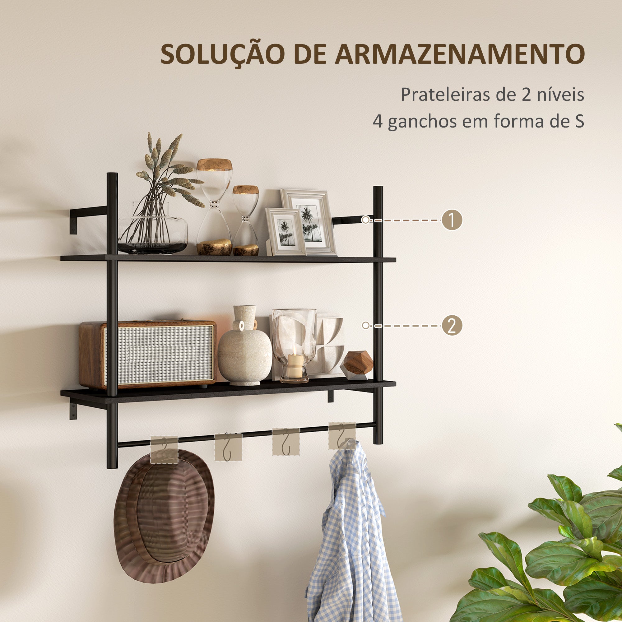 Estante de Parede de 2 Níveis com 4 Ganchos – 80x24x65 cm – Cor Preto – Melamina e Aço