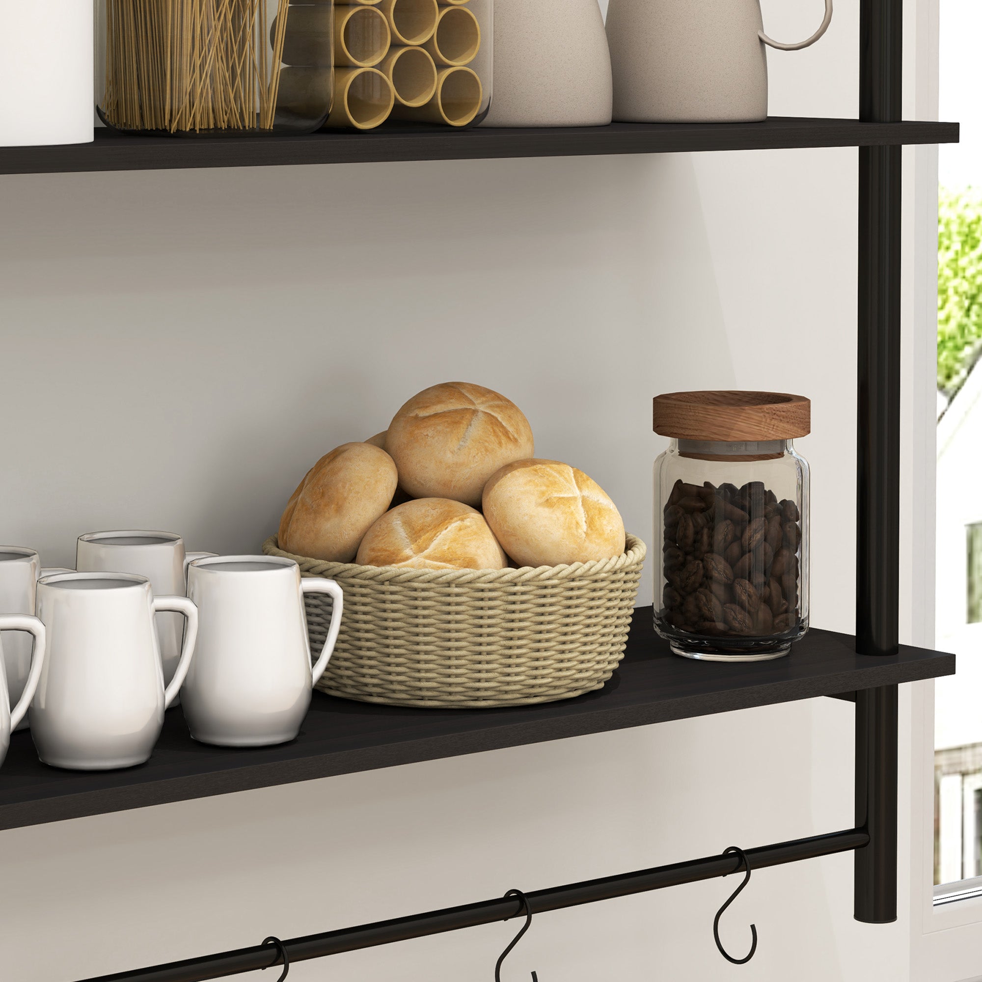 Estante de Parede de 2 Níveis com 4 Ganchos – 80x24x65 cm – Cor Preto – Melamina e Aço