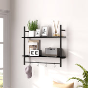 Estante de Parede de 2 Níveis com 4 Ganchos – 80x24x65 cm – Cor Preto – Melamina e Aço