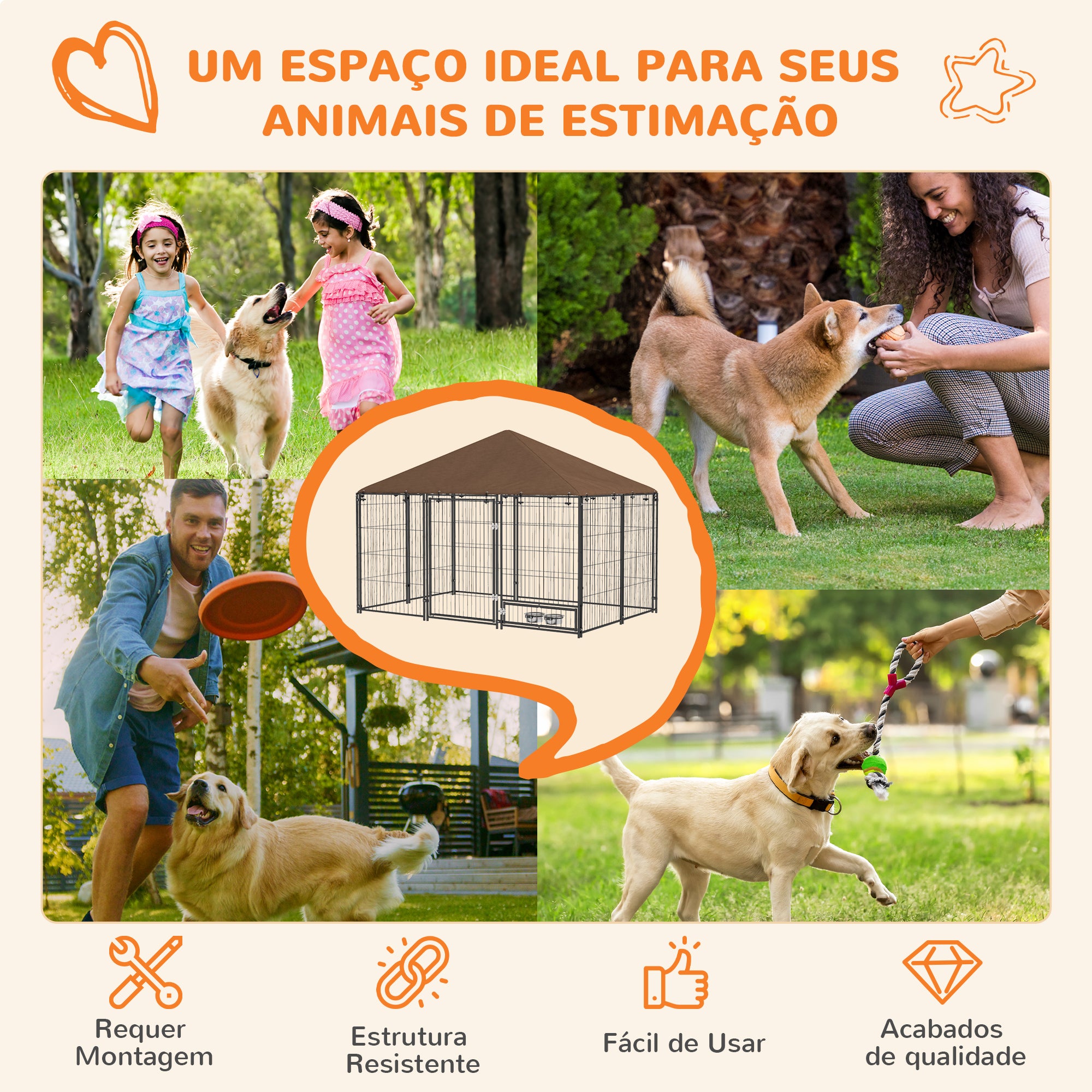 Parque para Cães com Toldo 211x141x151 cm - Marrom