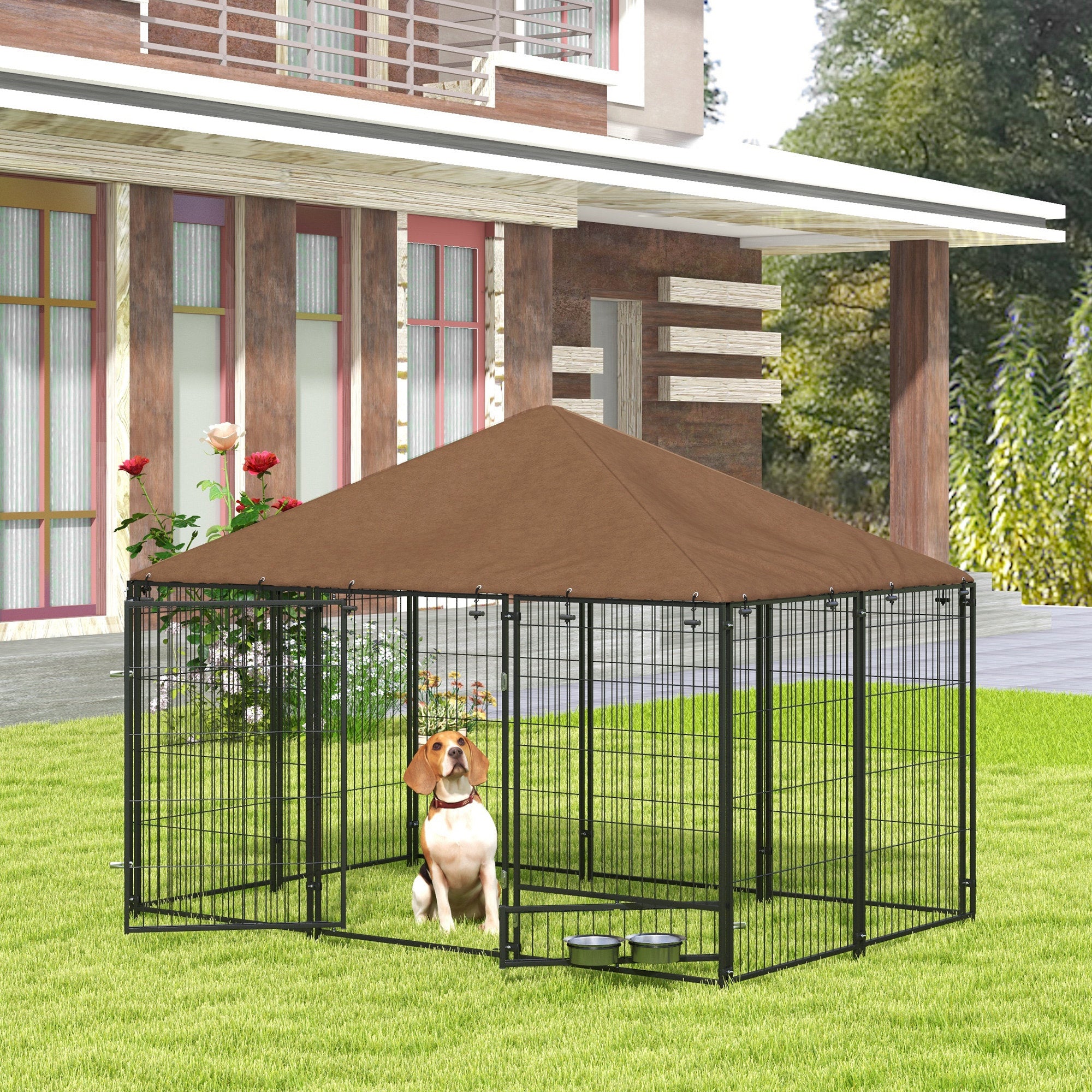 Parque para Cães com Toldo 211x141x151 cm - Marrom
