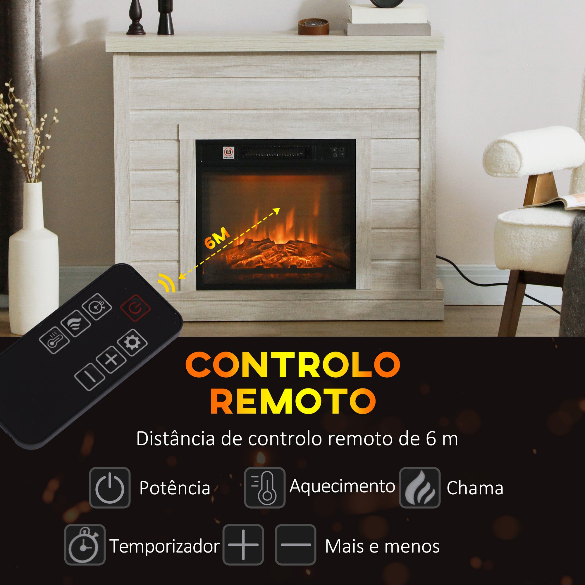 Lareira Elétrica Decorativa – 96,5x22x81,7 cm – Madeira Clara