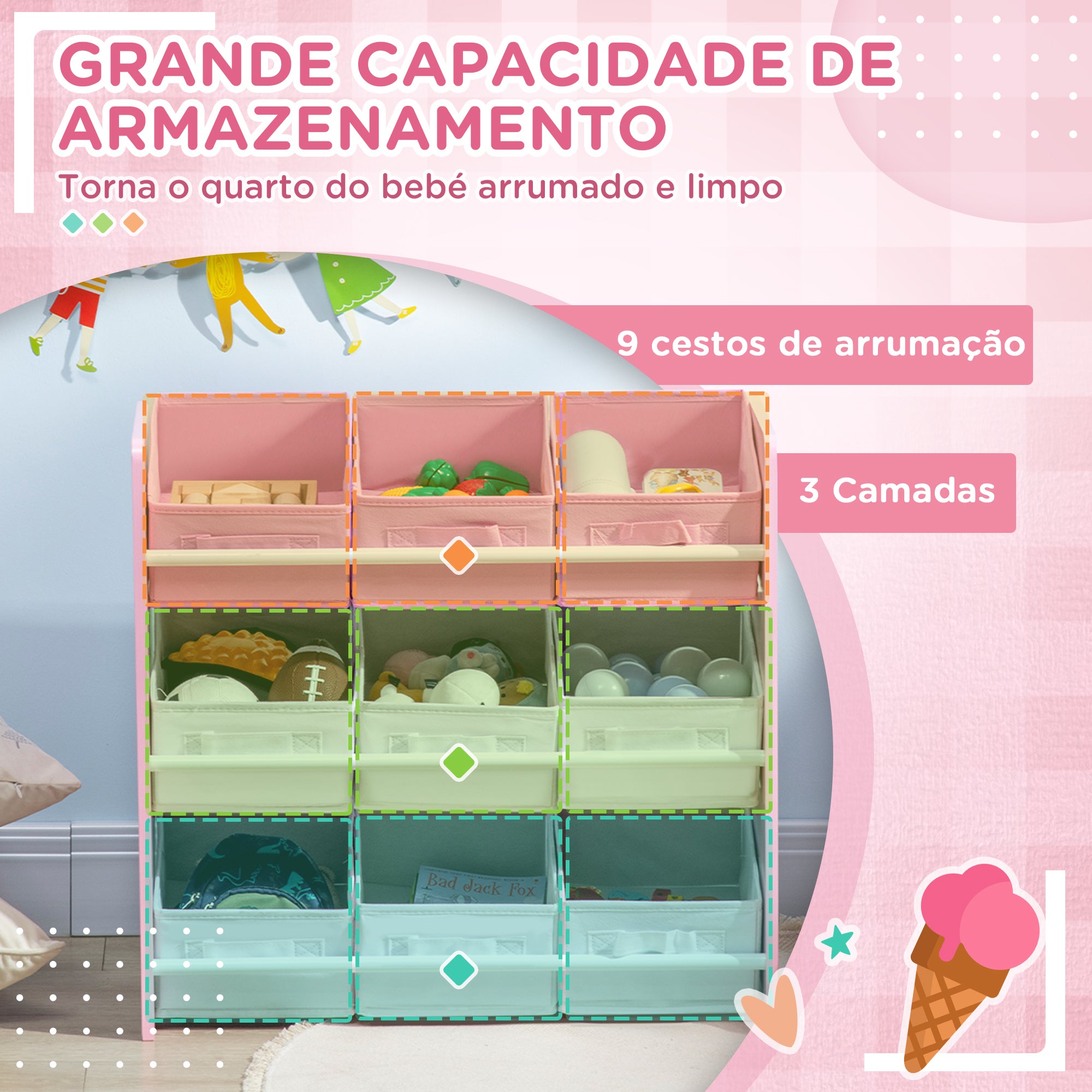 Estante de Brinquedos com 9 Caixas de Tecido Não Tecido Rosa 63x30x60 cm