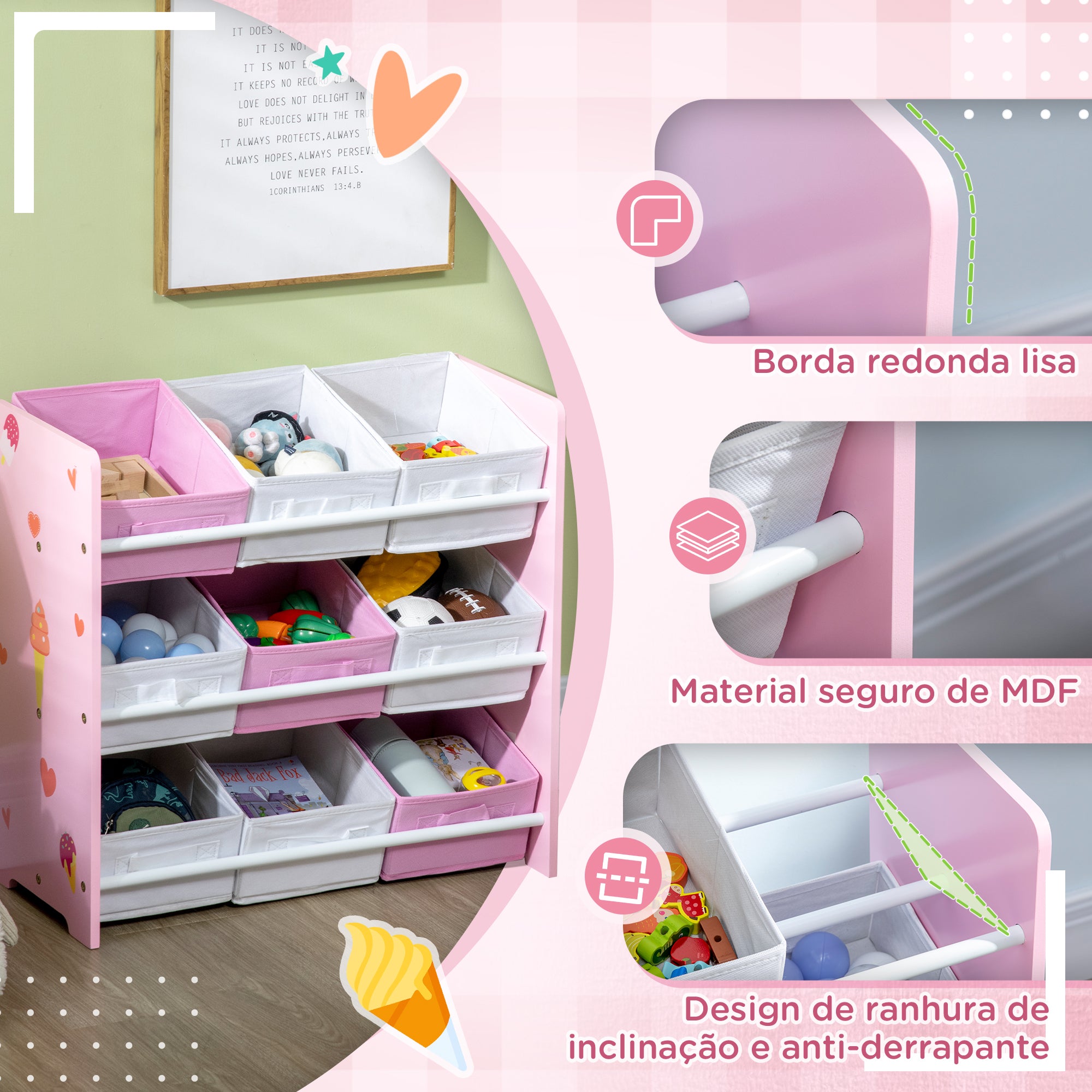 Estante de Brinquedos com 9 Caixas de Tecido Não Tecido Rosa 63x30x60 cm