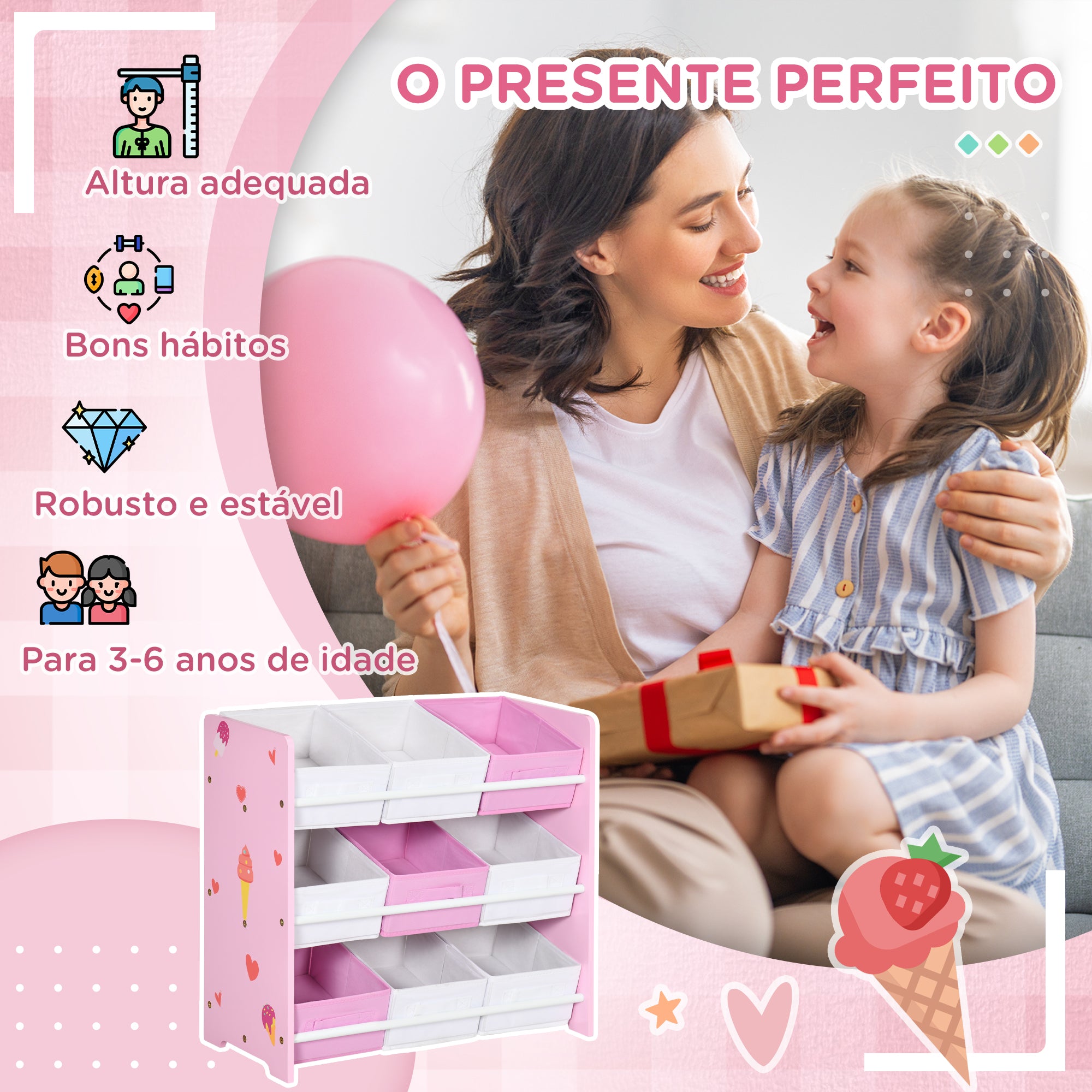 Estante de Brinquedos com 9 Caixas de Tecido Não Tecido Rosa 63x30x60 cm