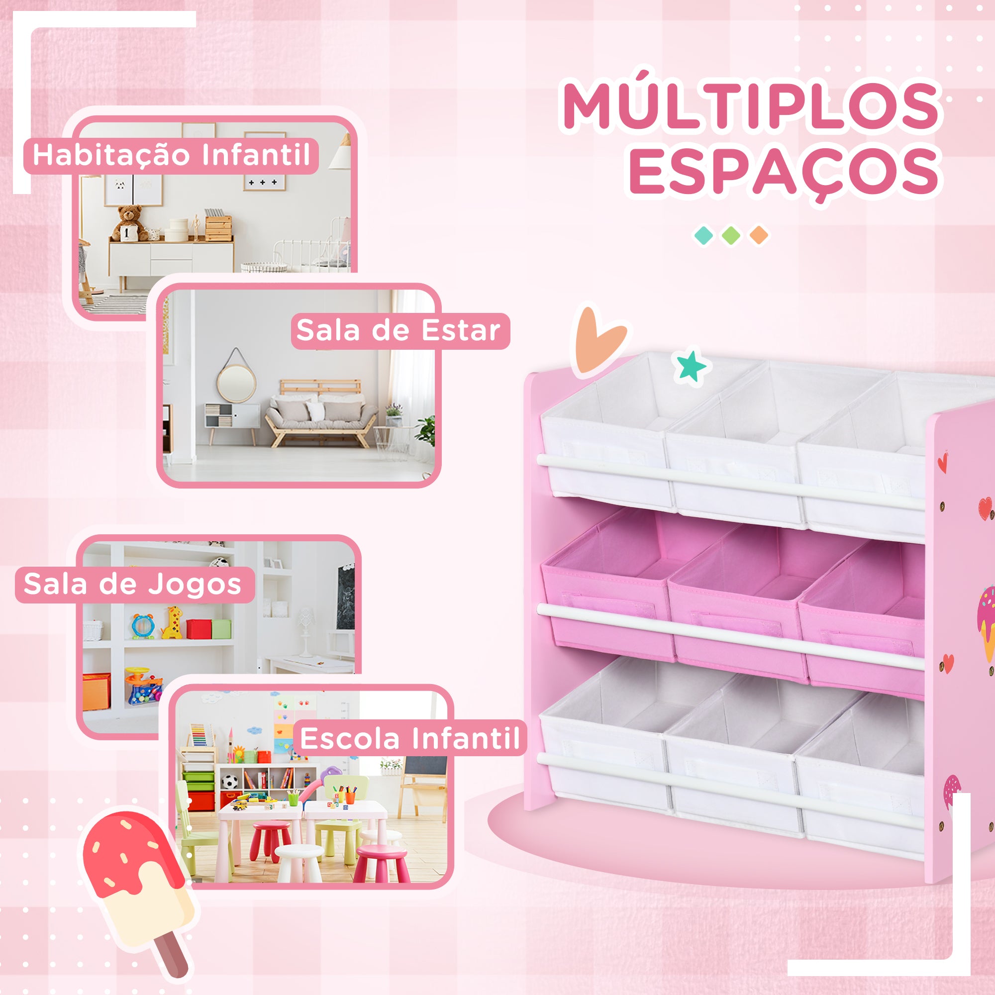Estante de Brinquedos com 9 Caixas de Tecido Não Tecido Rosa 63x30x60 cm