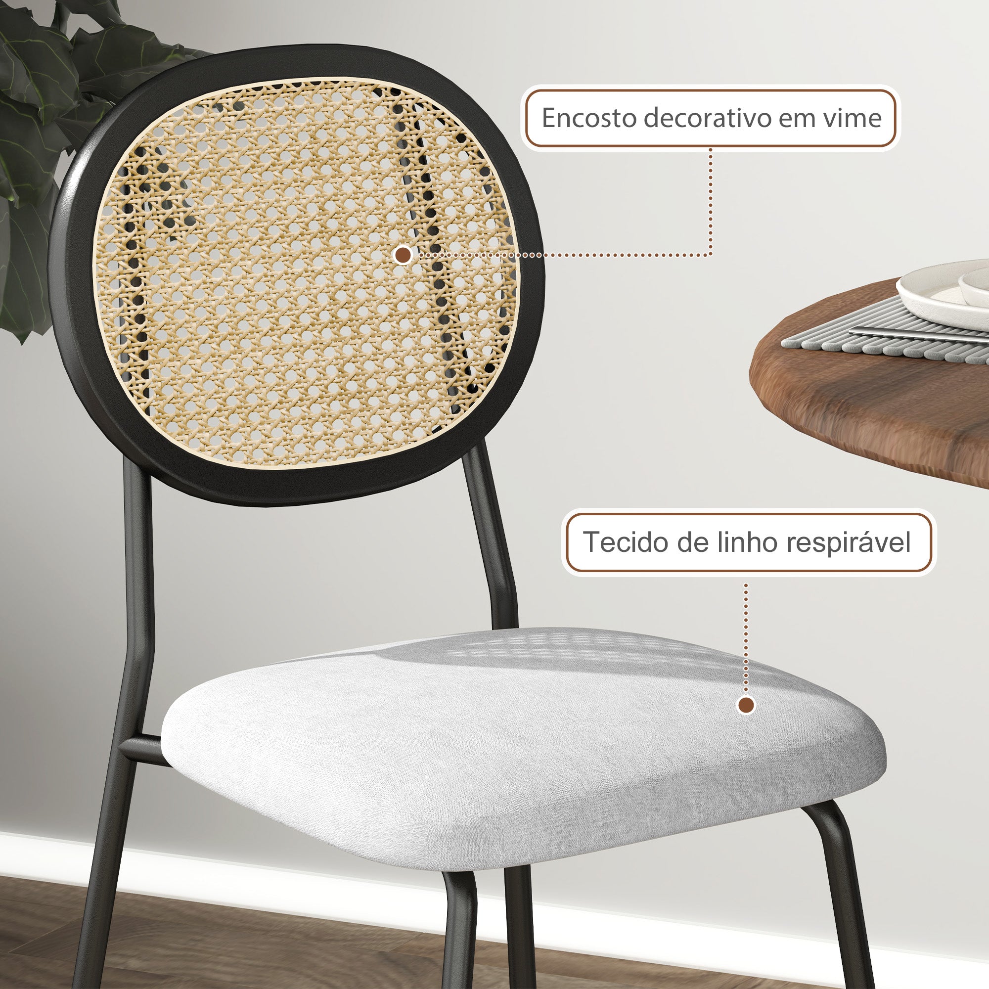 Conjunto de Cadeiras de Sala de Jantar – 44x54x87 cm – Cinzento – Vime Sintético, Tecido de Linho Sintético e Aço