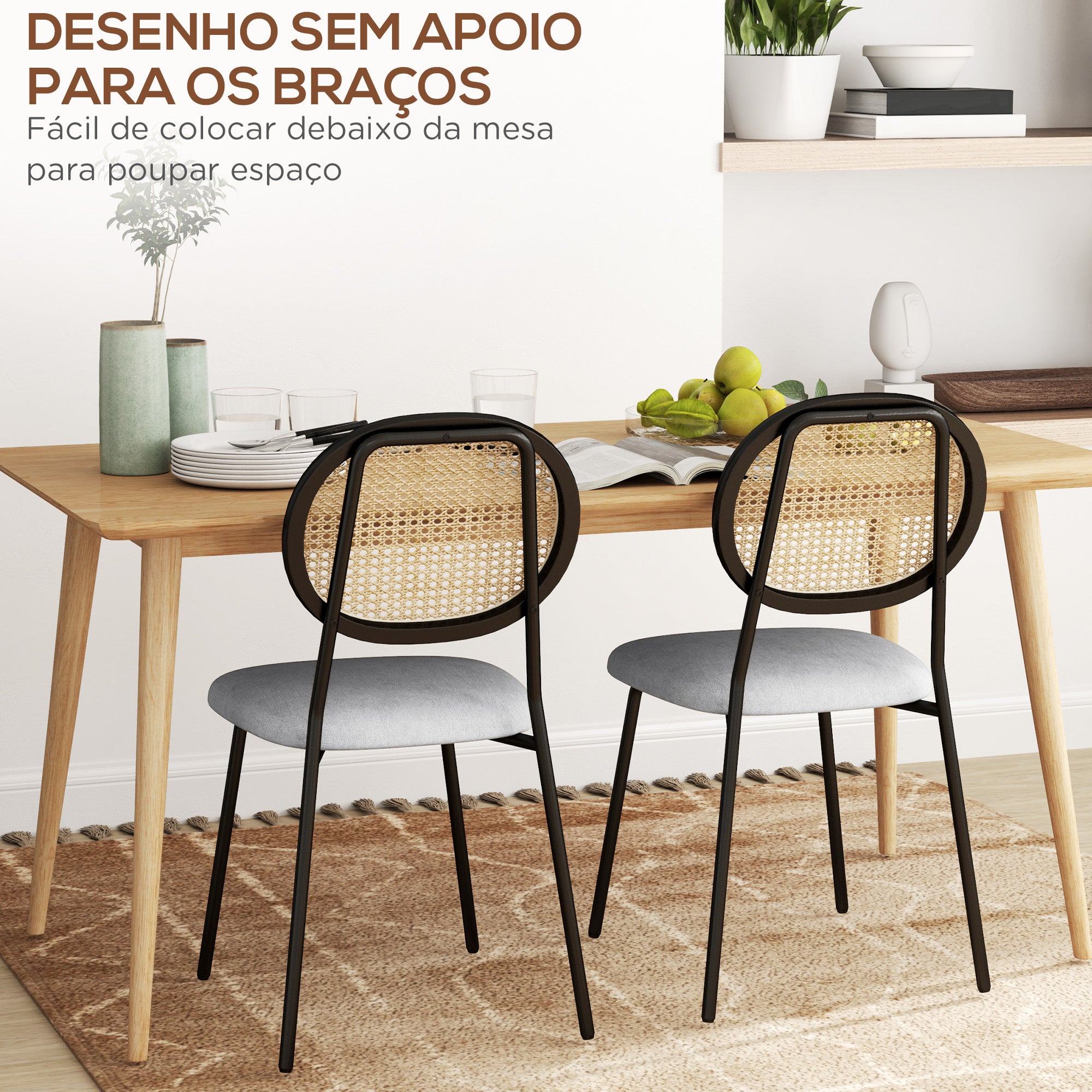 Conjunto de Cadeiras de Sala de Jantar – 44x54x87 cm – Cinzento – Vime Sintético, Tecido de Linho Sintético e Aço