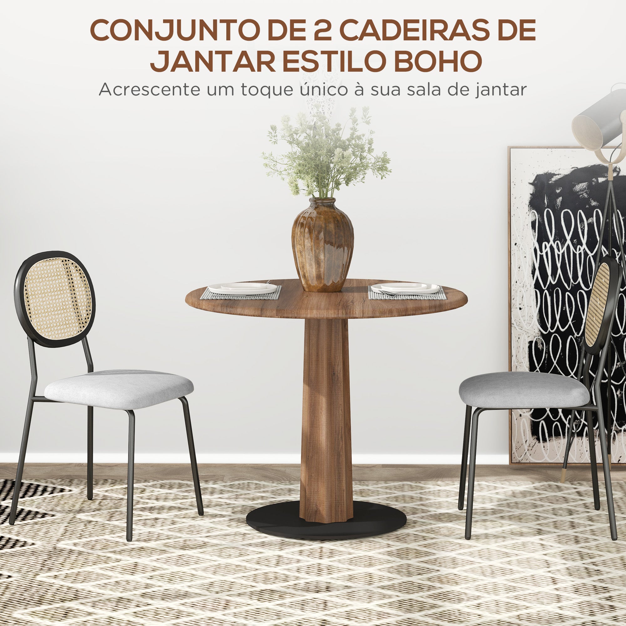 Conjunto de Cadeiras de Sala de Jantar – 44x54x87 cm – Cinzento – Vime Sintético, Tecido de Linho Sintético e Aço