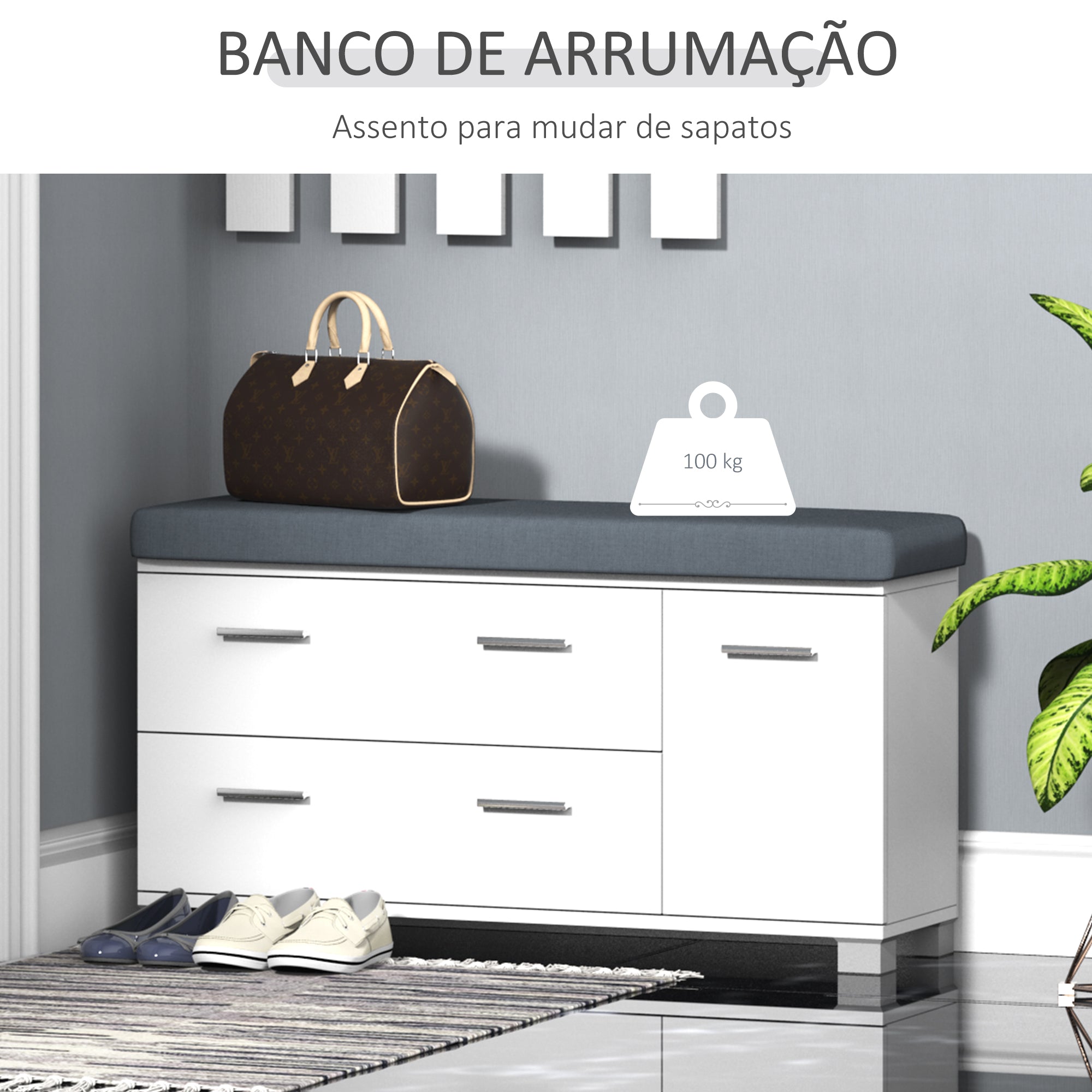 Móvel Cabide de Entrada Branco 90x21,5x116 cm com Espelho e Sapateira