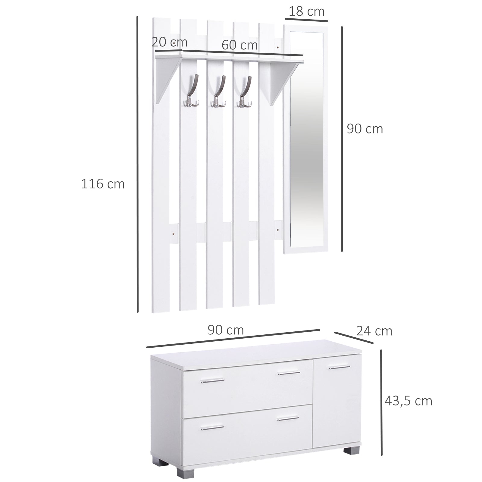 Móvel Cabide de Entrada Branco 90x21,5x116 cm com Espelho e Sapateira