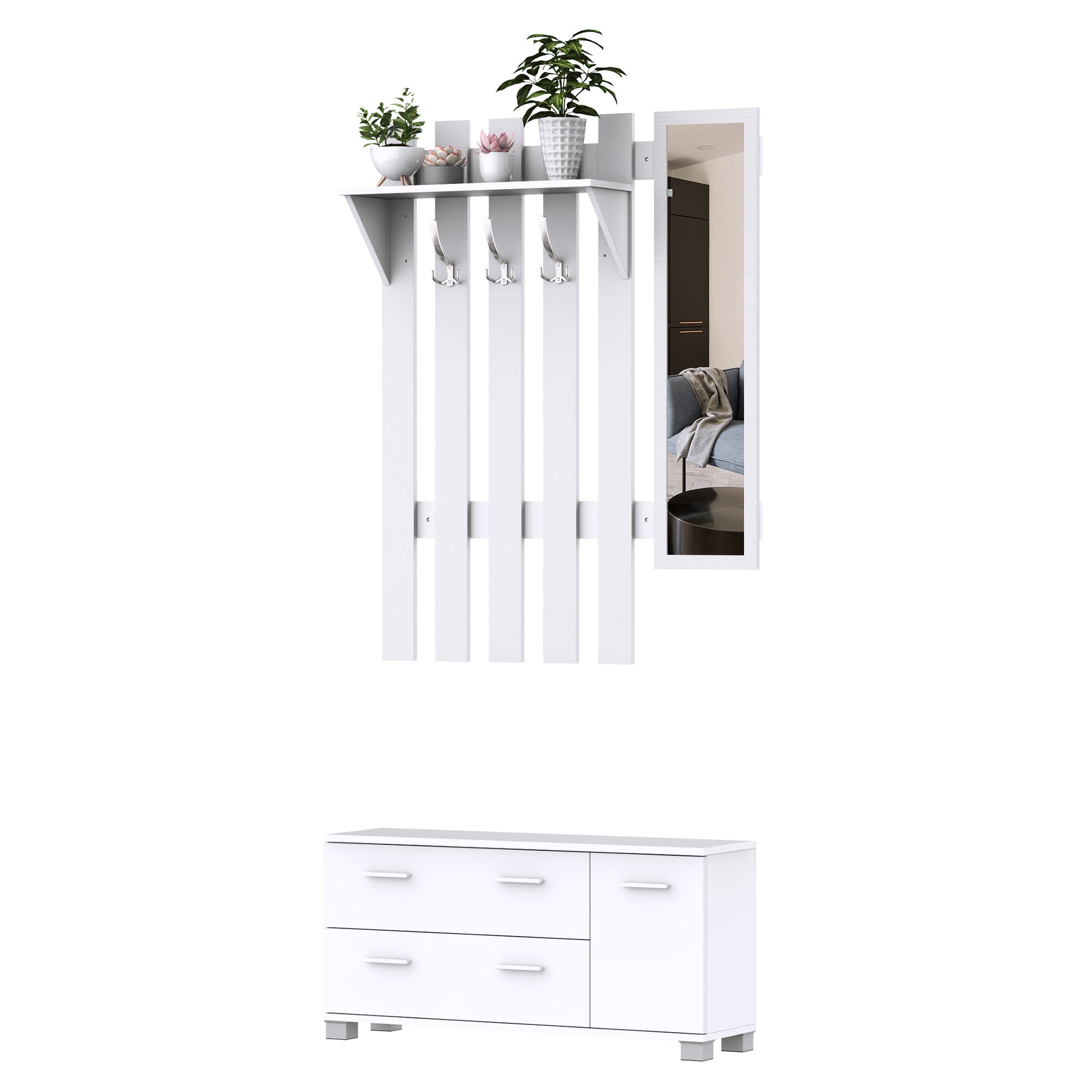 Móvel Cabide de Entrada Branco 90x21,5x116 cm com Espelho e Sapateira