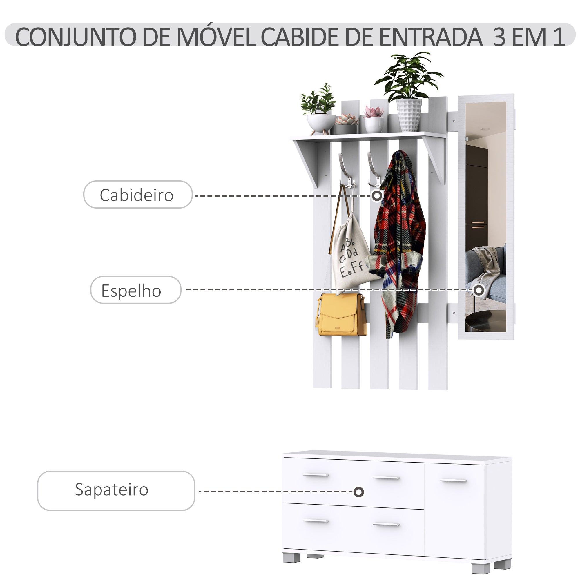 Móvel Cabide de Entrada Branco 90x21,5x116 cm com Espelho e Sapateira