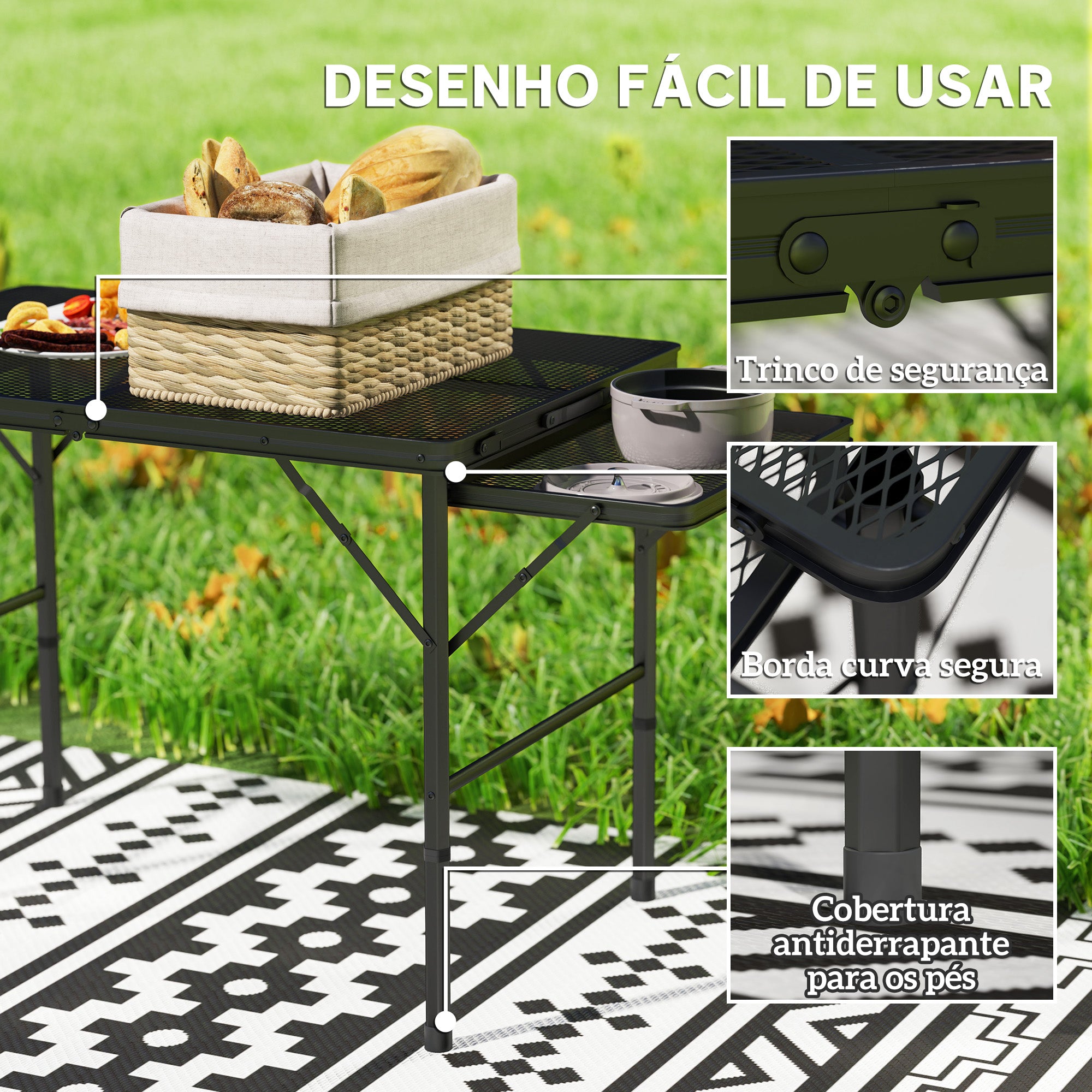 Mesa Dobrável de Campismo Alumínio 137x62x57-67 cm Preto