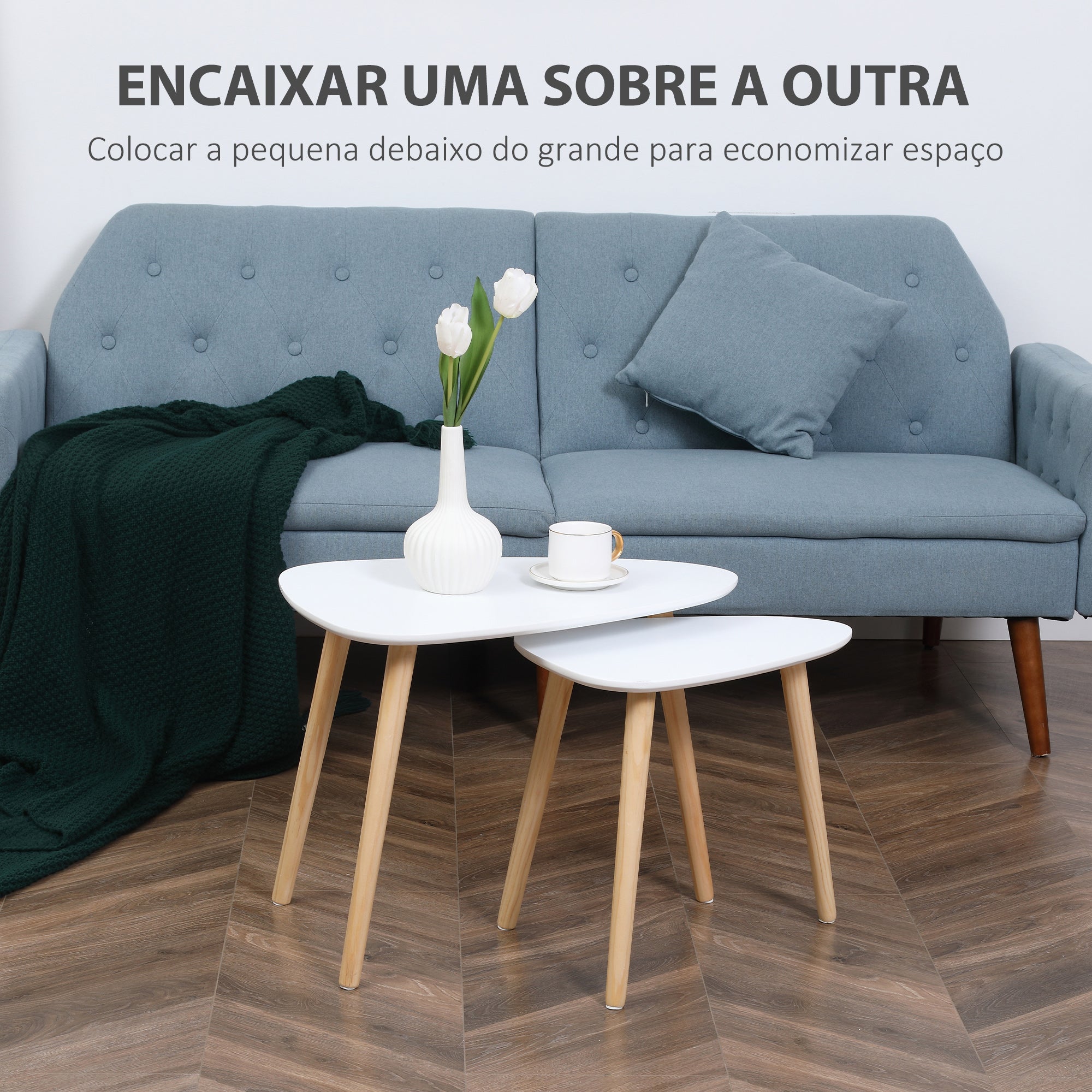 Conjunto de 2 Mesas Auxiliares Branco e Madeira 59,5x39,5x45cm e 44,5x28,5x40cm