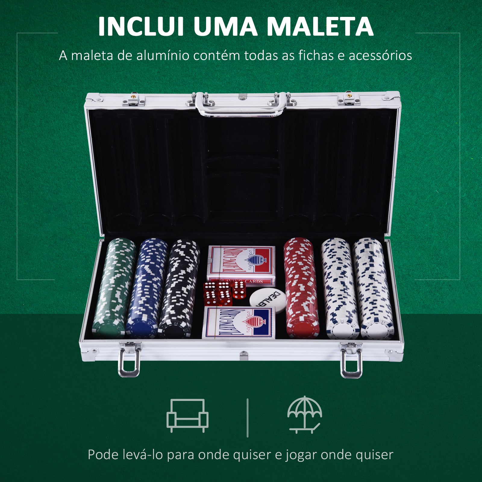 Maleta de Poker Profissional com 300 Fichas Multicoloridas 38x20,5x6,5cm