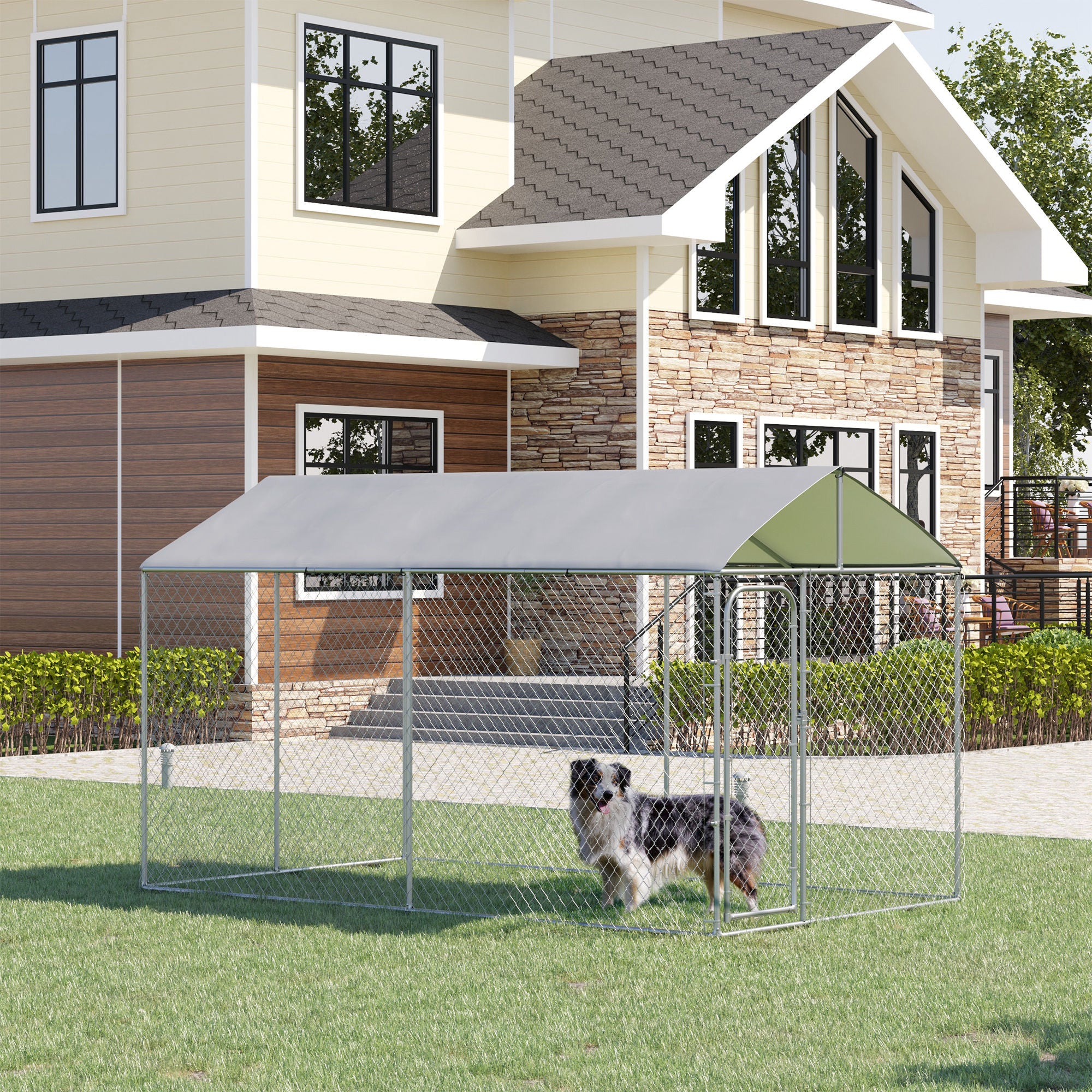 Canil de Exterior Prata 400x230x232 cm com Toldo Anti-UV e Estrutura de Metal Galvanizado