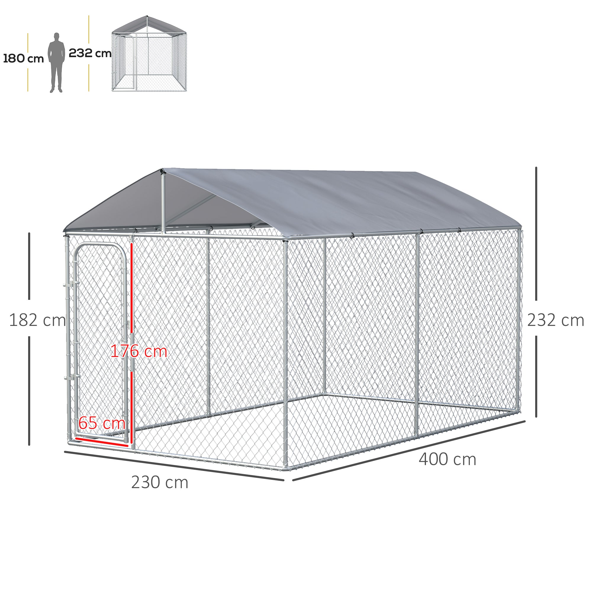 Canil de Exterior Prata 400x230x232 cm com Toldo Anti-UV e Estrutura de Metal Galvanizado
