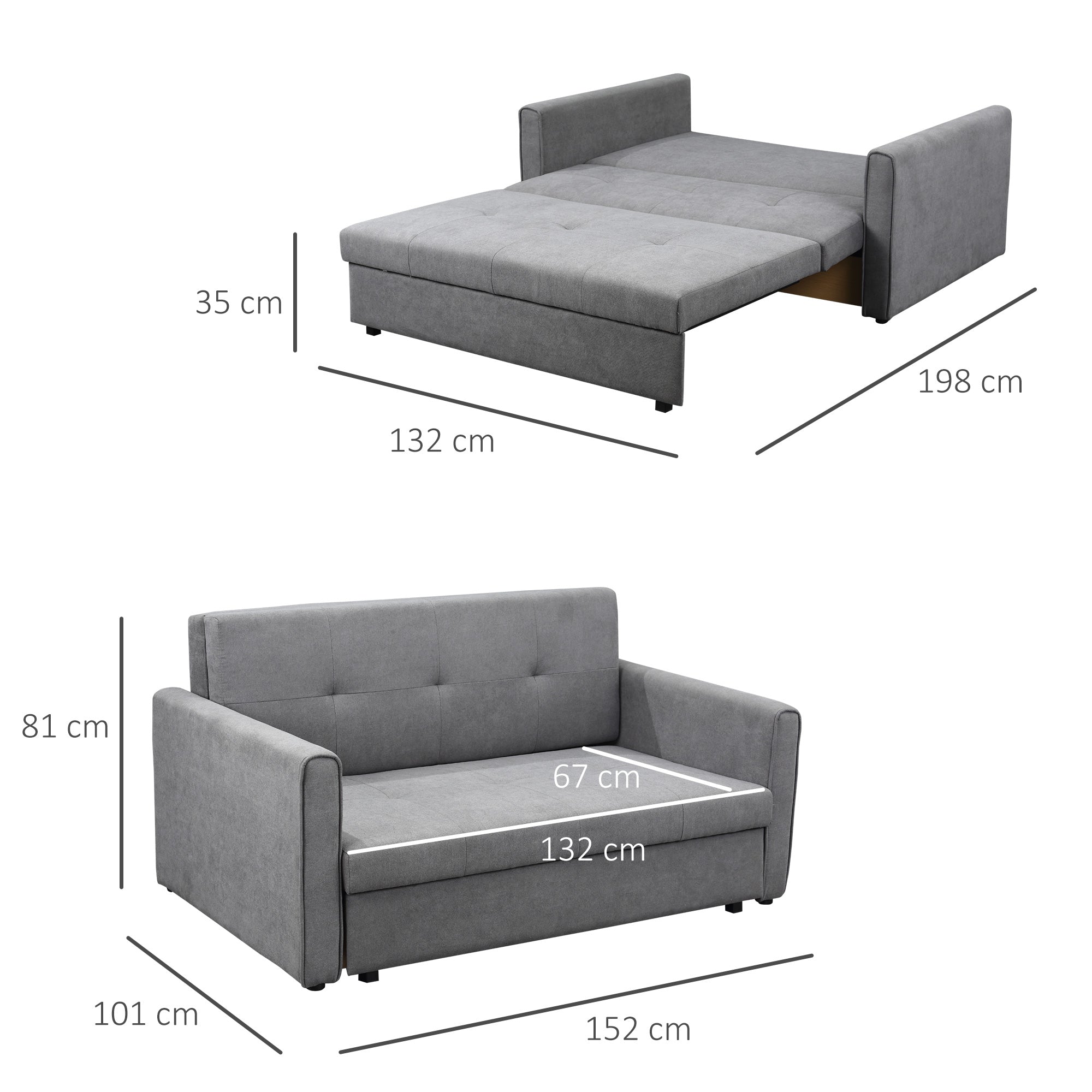 Sofá Cama Duplo Estofado – 152x101x81cm – Cinza – Polialgodão e Madeira
