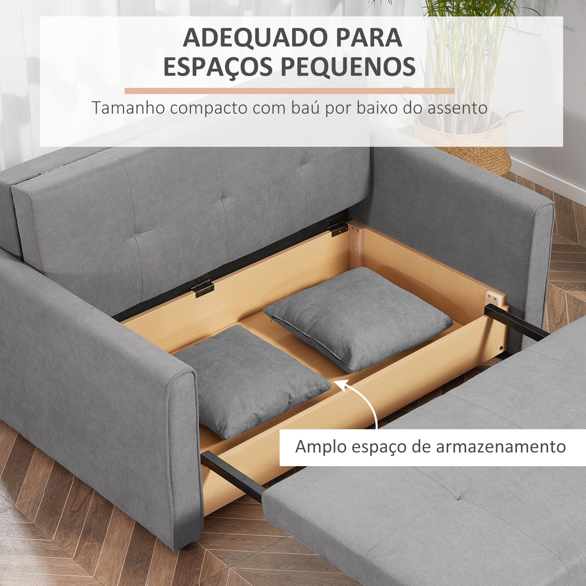 Sofá Cama Duplo Estofado – 152x101x81cm – Cinza – Polialgodão e Madeira