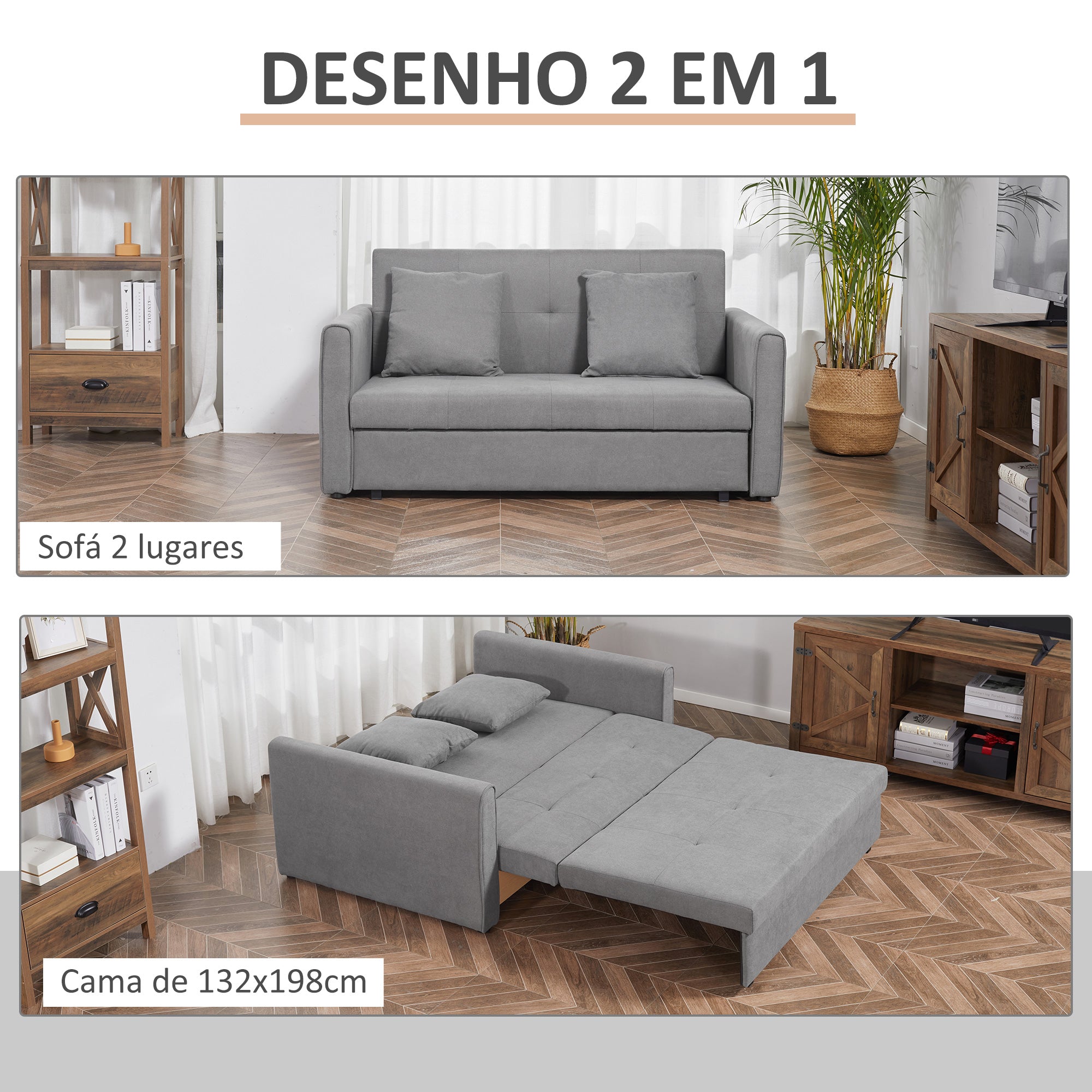 Sofá Cama Duplo Estofado – 152x101x81cm – Cinza – Polialgodão e Madeira