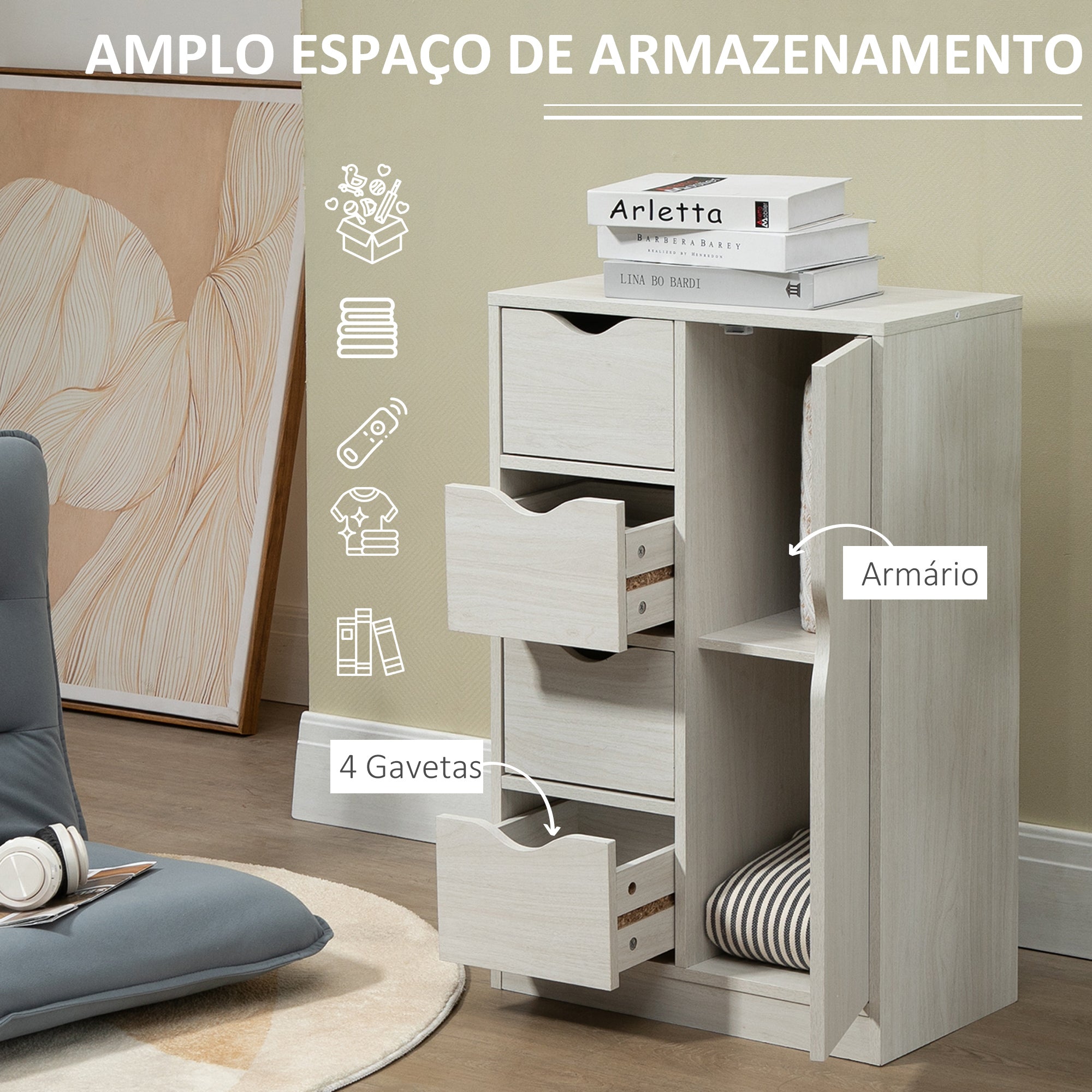 Aparador Auxiliar com 4 Gavetas e Armário - 54x29x83cm - Branco