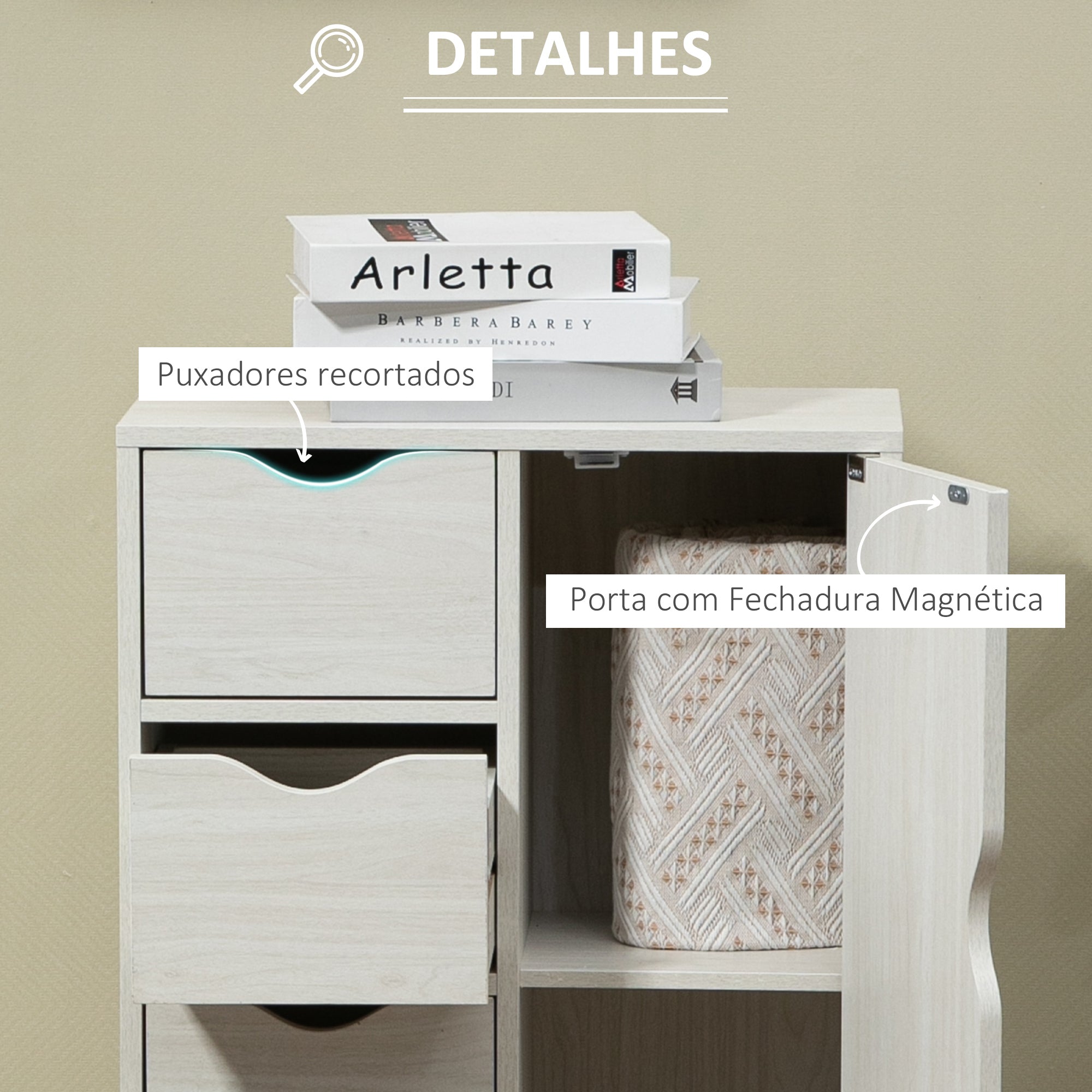 Aparador Auxiliar com 4 Gavetas e Armário - 54x29x83cm - Branco