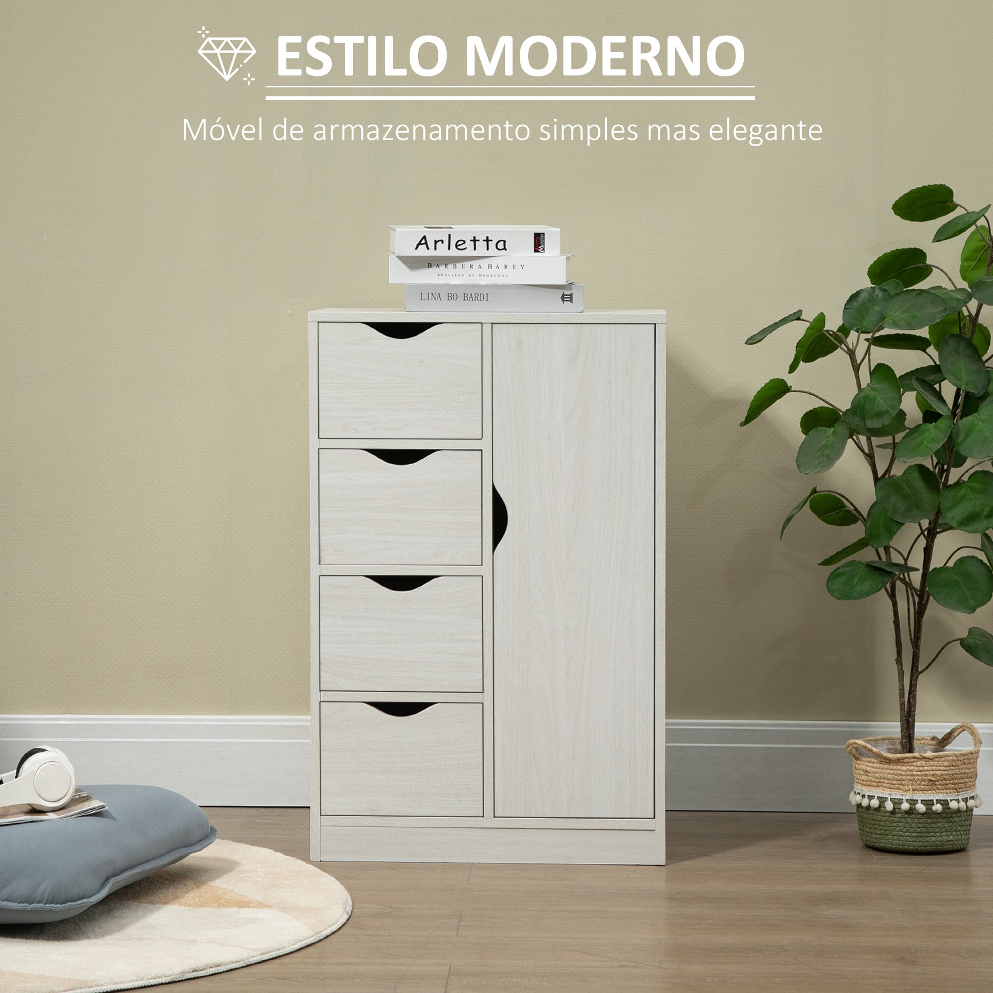 Aparador Auxiliar com 4 Gavetas e Armário - 54x29x83cm - Branco