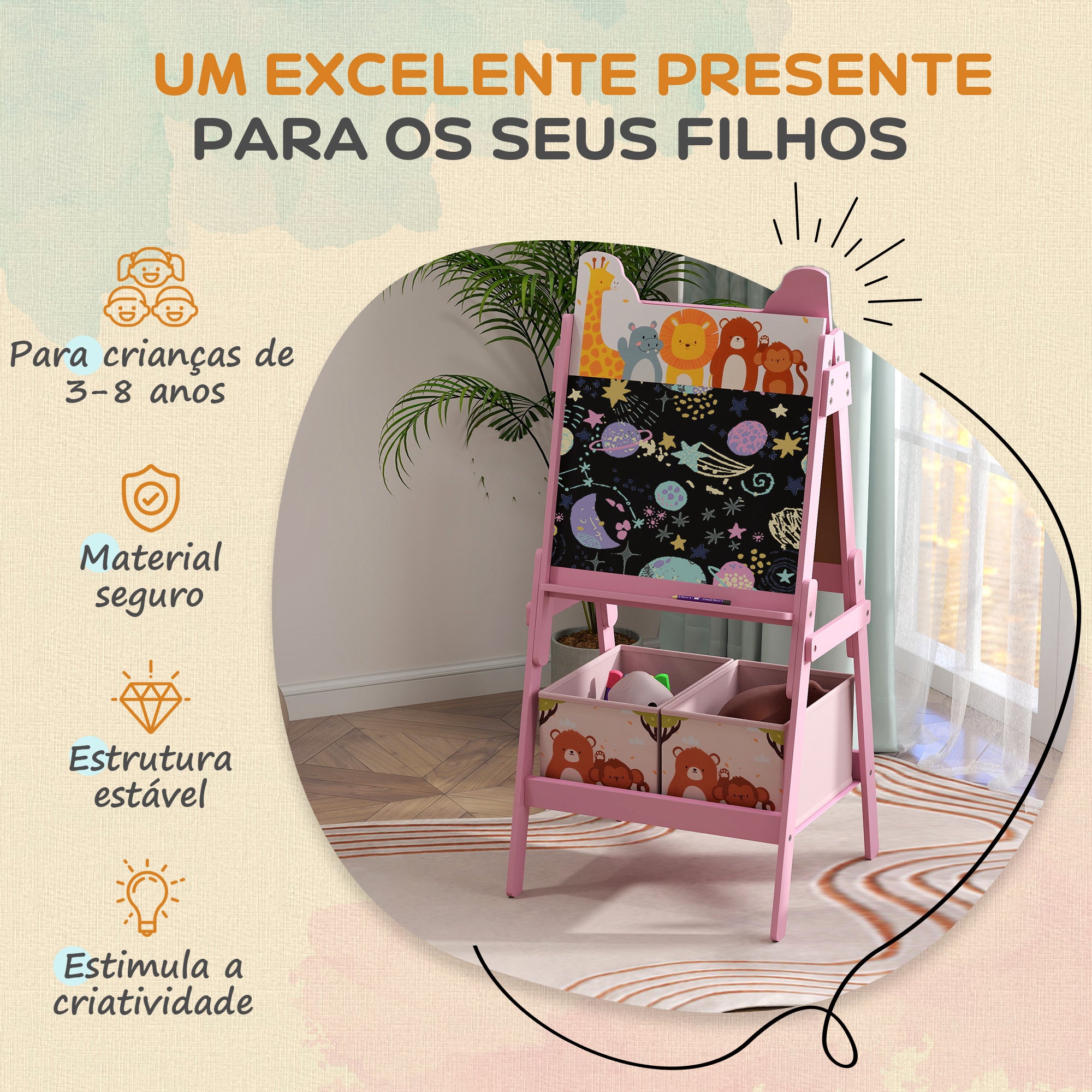 Cavalete Infantil 2 em 1 Rosa 53,5x49x113 cm