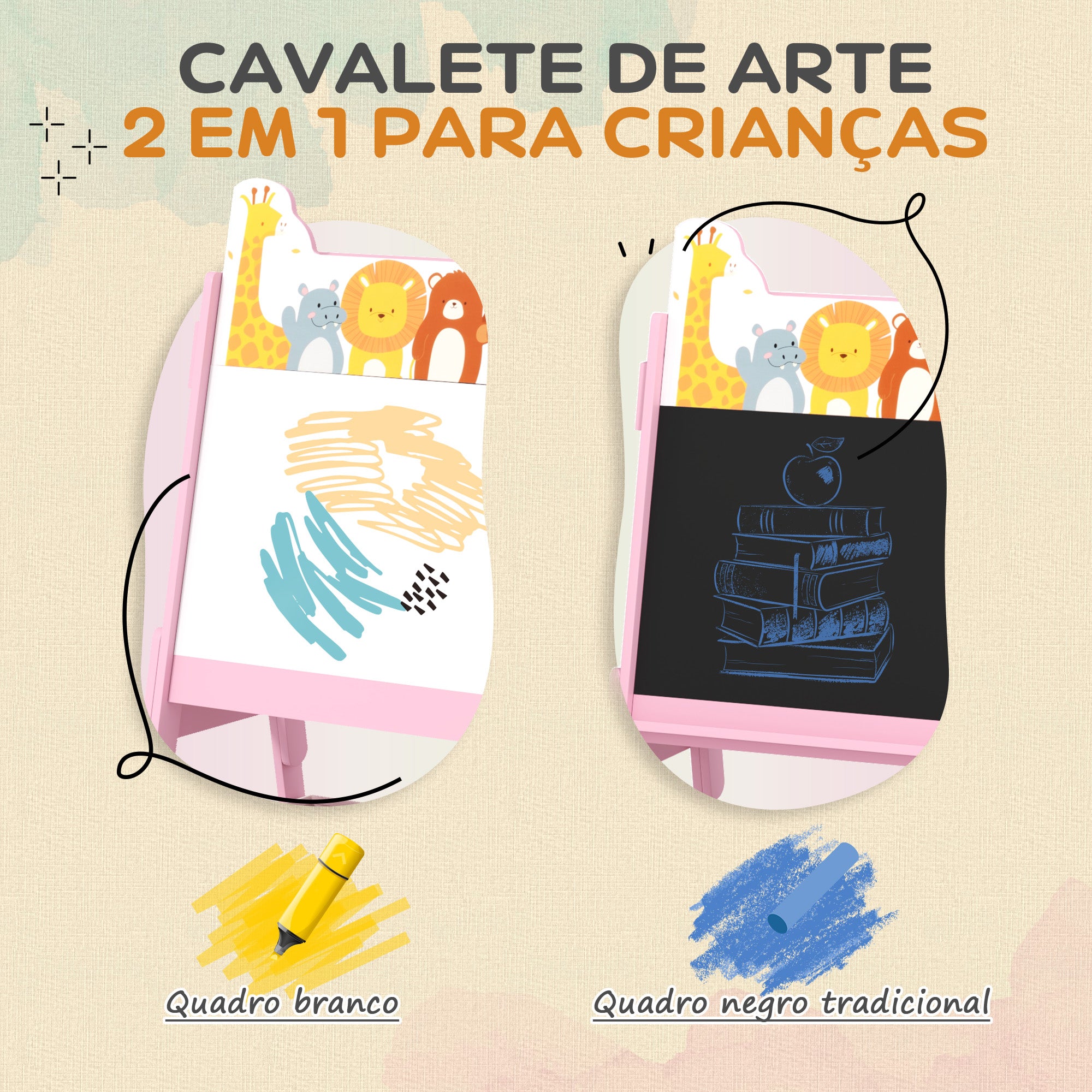 Cavalete Infantil 2 em 1 Rosa 53,5x49x113 cm