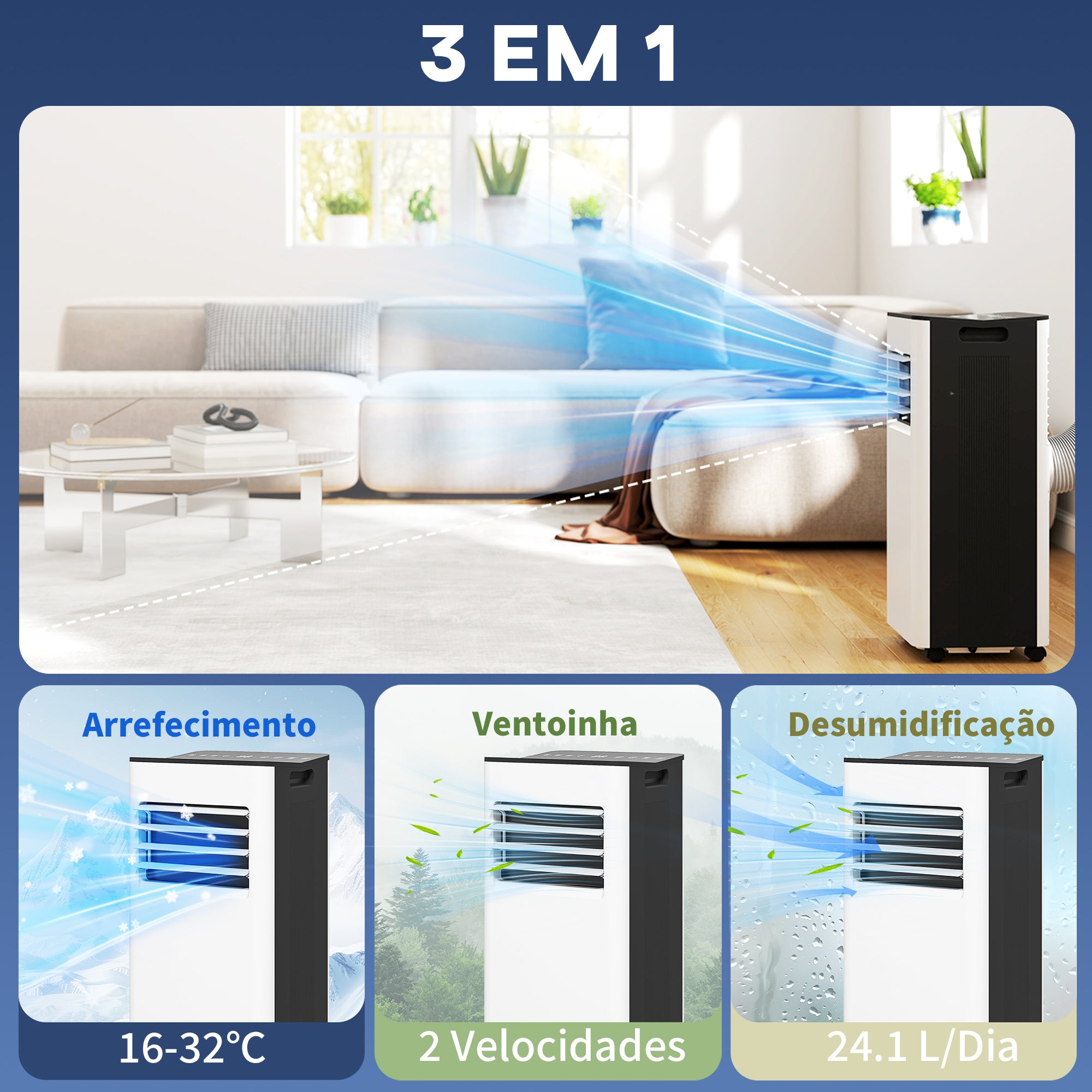 Ar Condicionado Portátil 3 em 1 9000 BTU Branco 30x29x70,7 cm