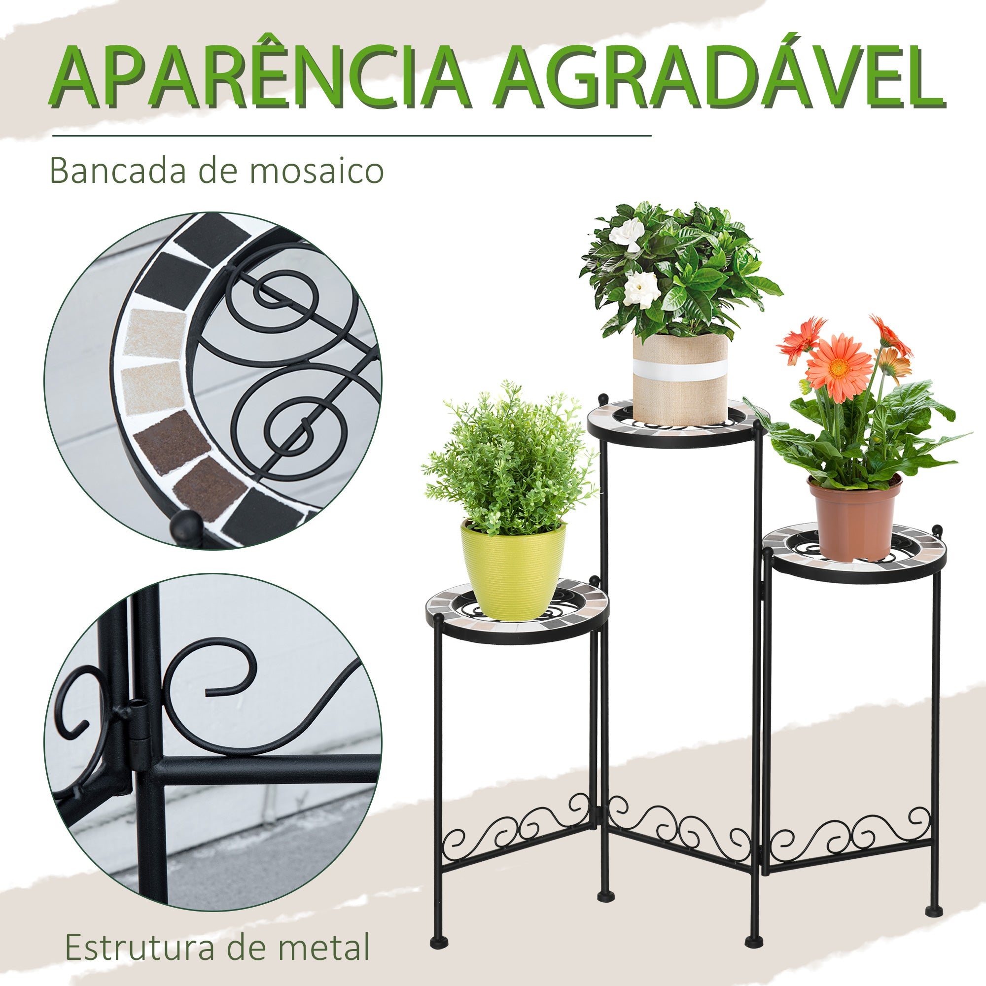 Suporte de Metal para Plantas – 60x22x65 cm – Cor Preto – Metal
