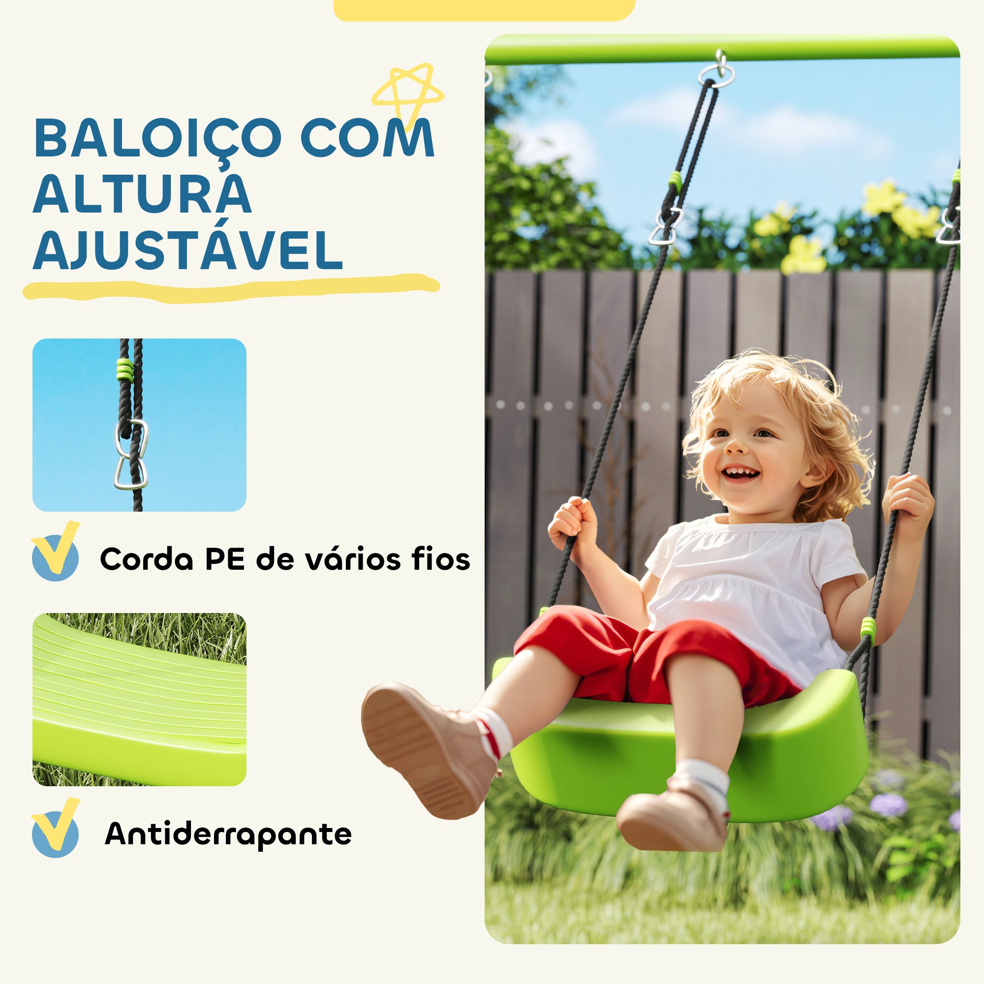 Baloiço para Crianças 3 em 1 Verde 283x180x182 cm