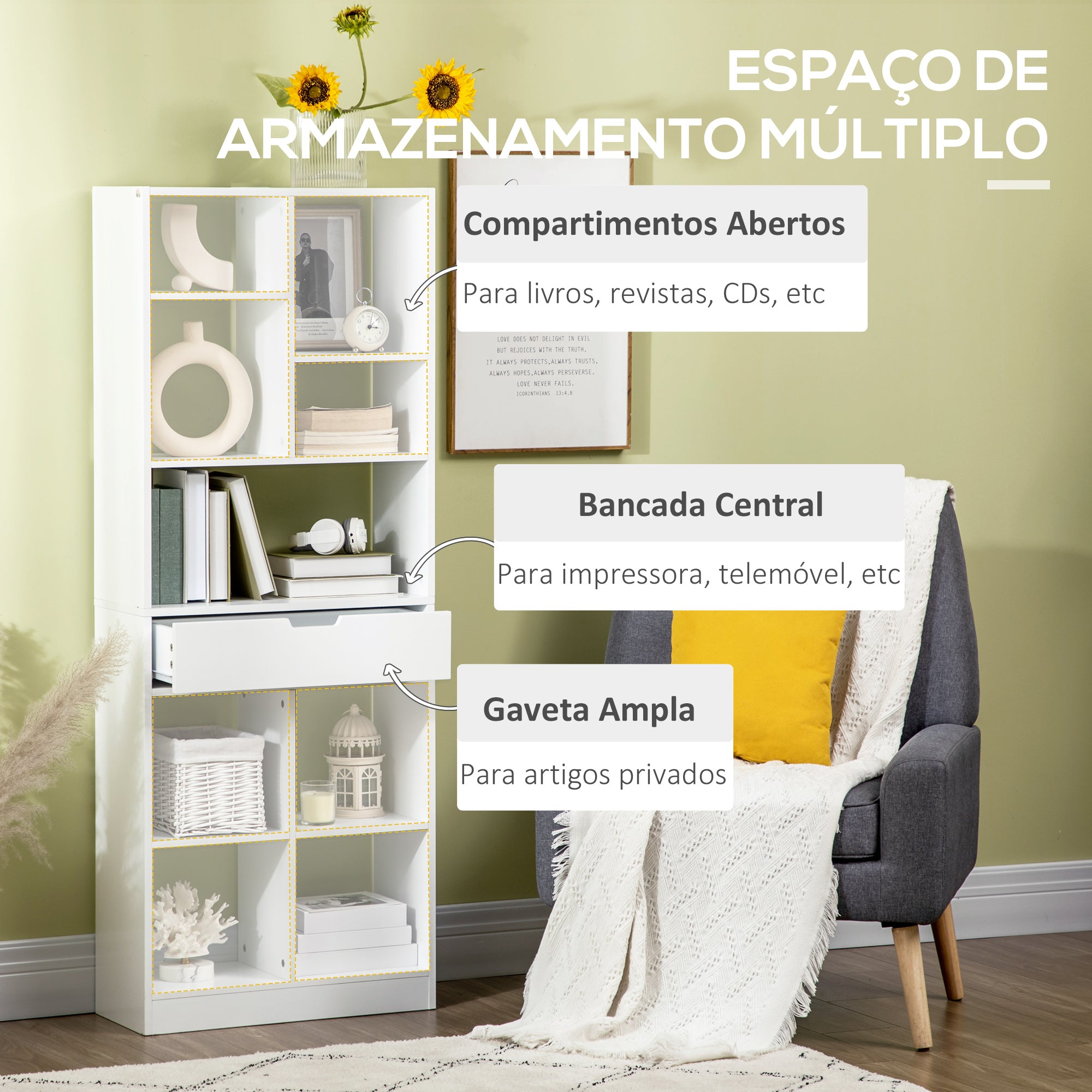 Estante de Madeira com 1 Gaveta e 9 Compartimentos de Armazenamento 60x26x158cm - Branco