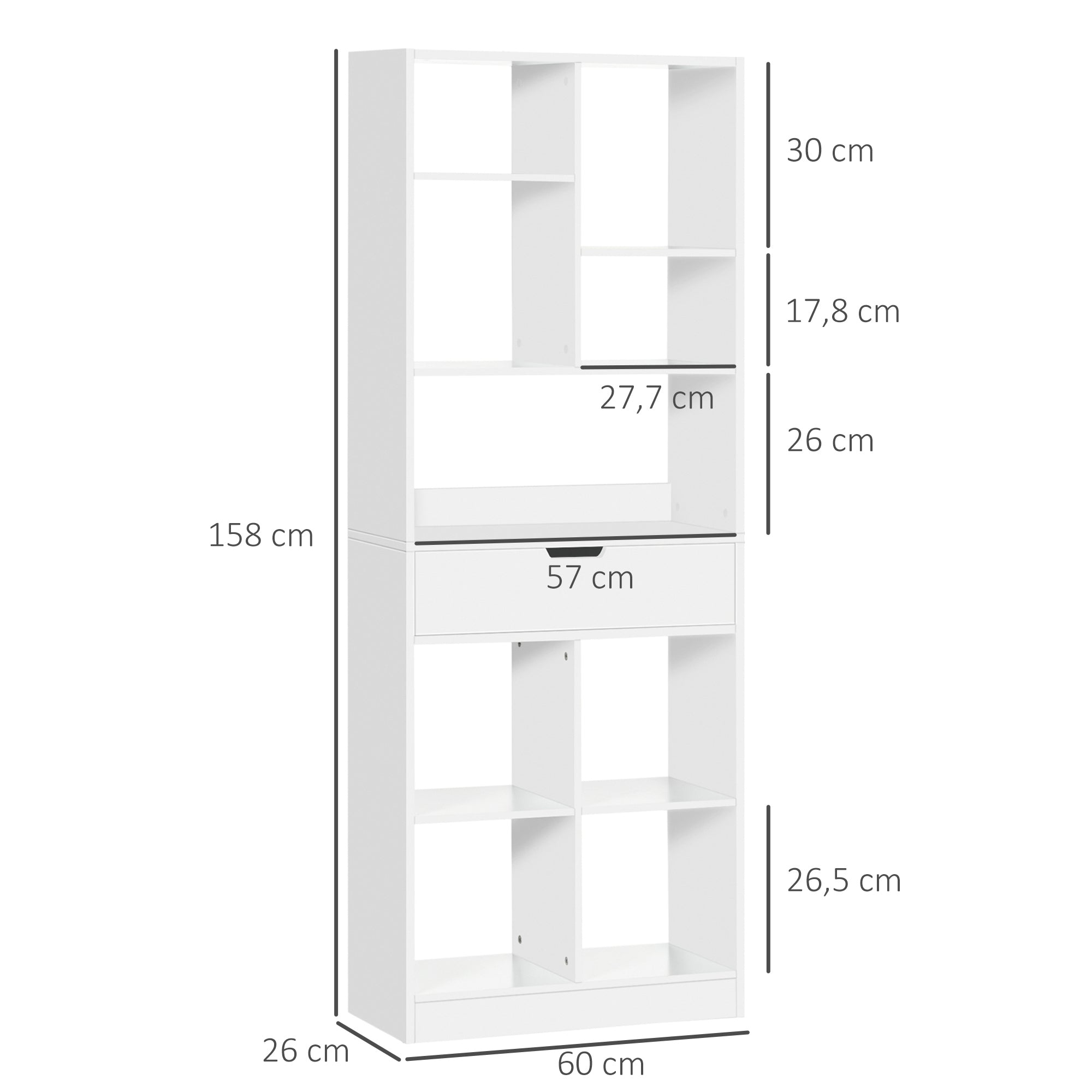 Estante de Madeira com 1 Gaveta e 9 Compartimentos de Armazenamento 60x26x158cm - Branco