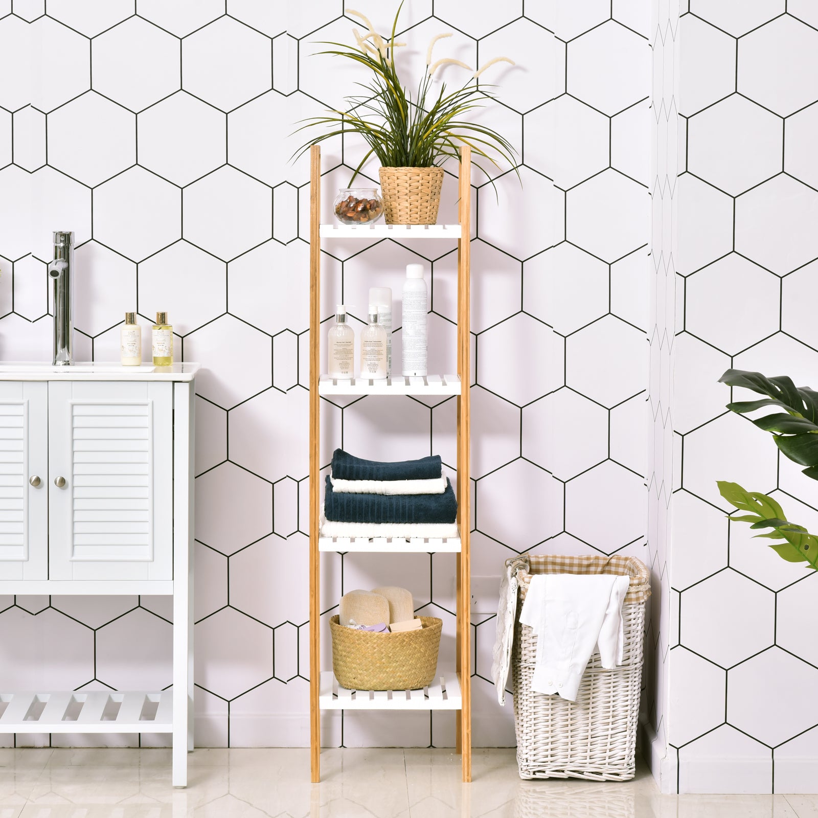 Prateleiras de Banheiro 5 Níveis Bambu Branco e Natural 35x36x138.5cm