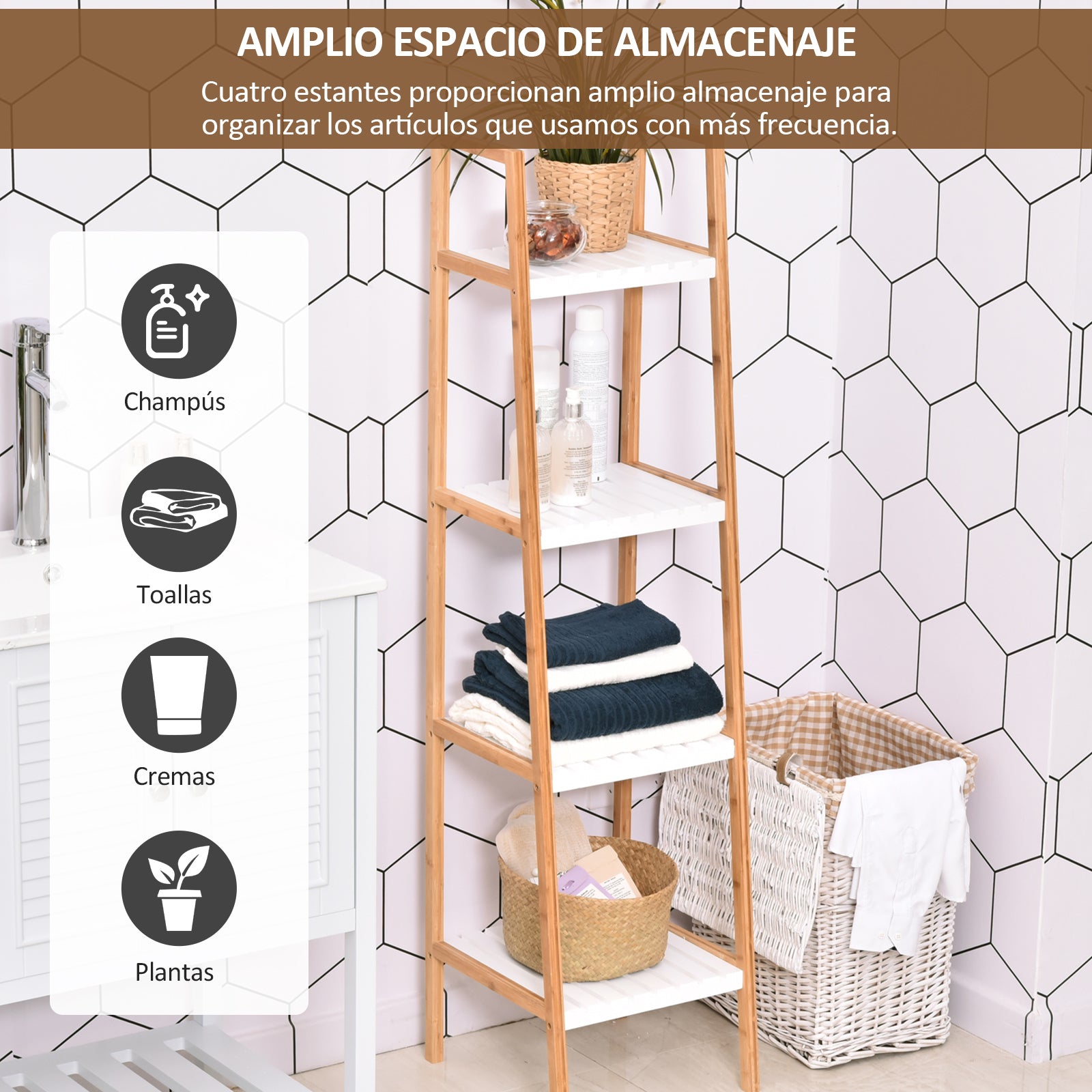 Prateleiras de Banheiro 5 Níveis Bambu Branco e Natural 35x36x138.5cm