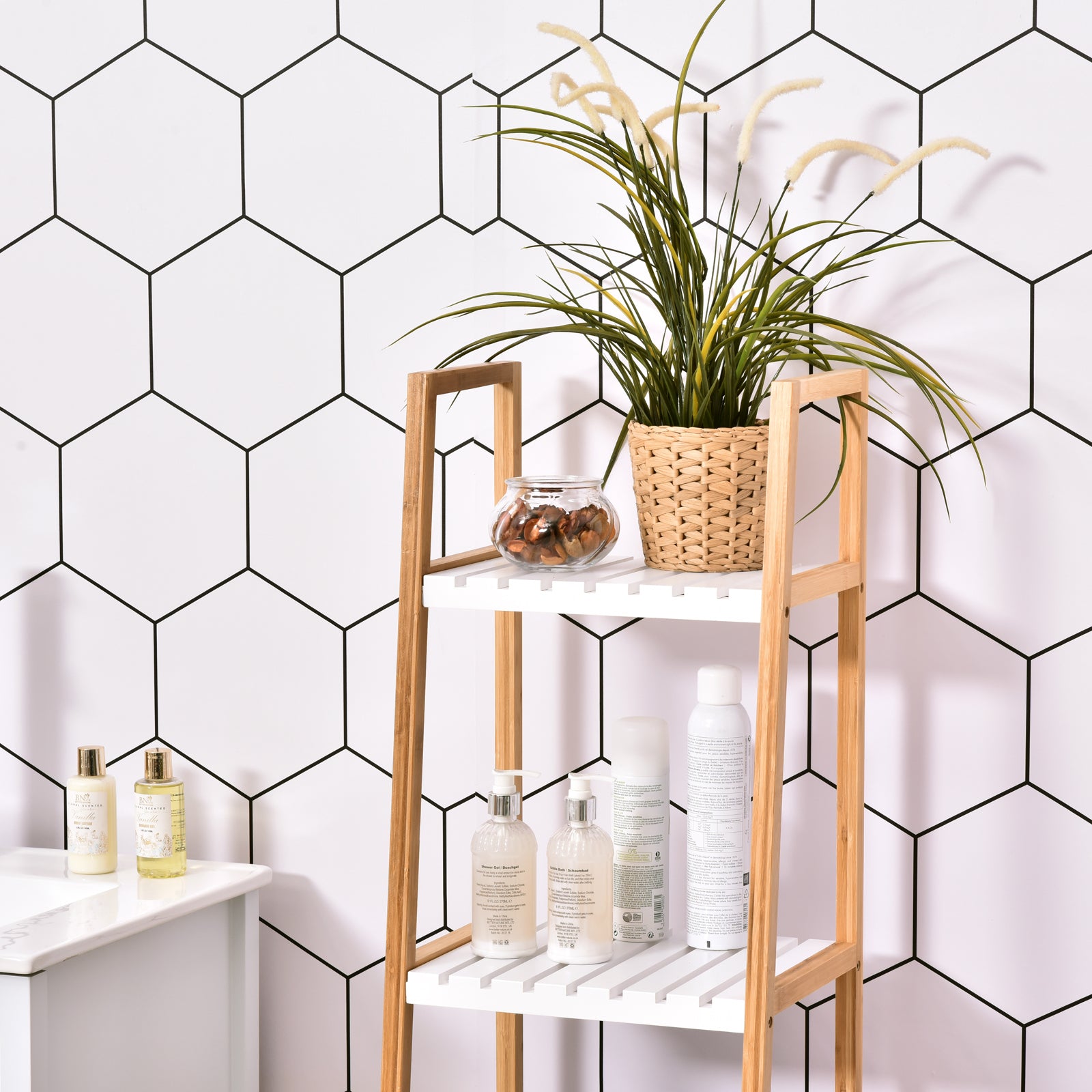 Prateleiras de Banheiro 5 Níveis Bambu Branco e Natural 35x36x138.5cm