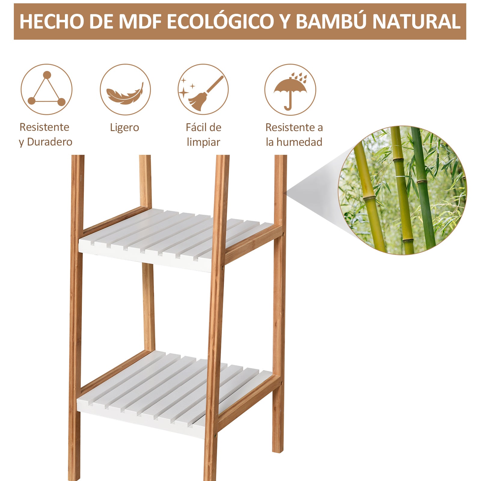 Prateleiras de Banheiro 5 Níveis Bambu Branco e Natural 35x36x138.5cm