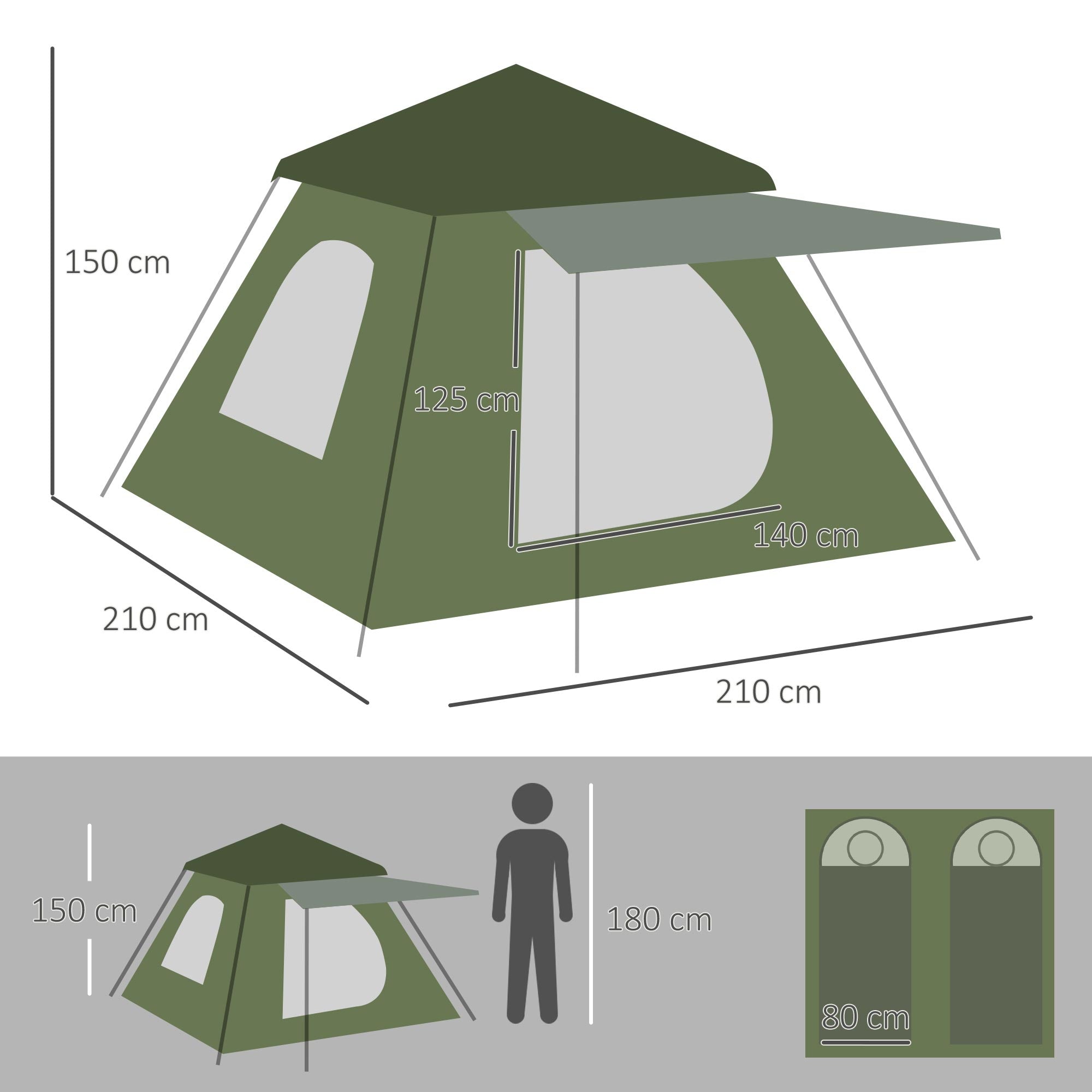 Tenda de Campismo – 210x210x150 cm – Verde – Poliéster
