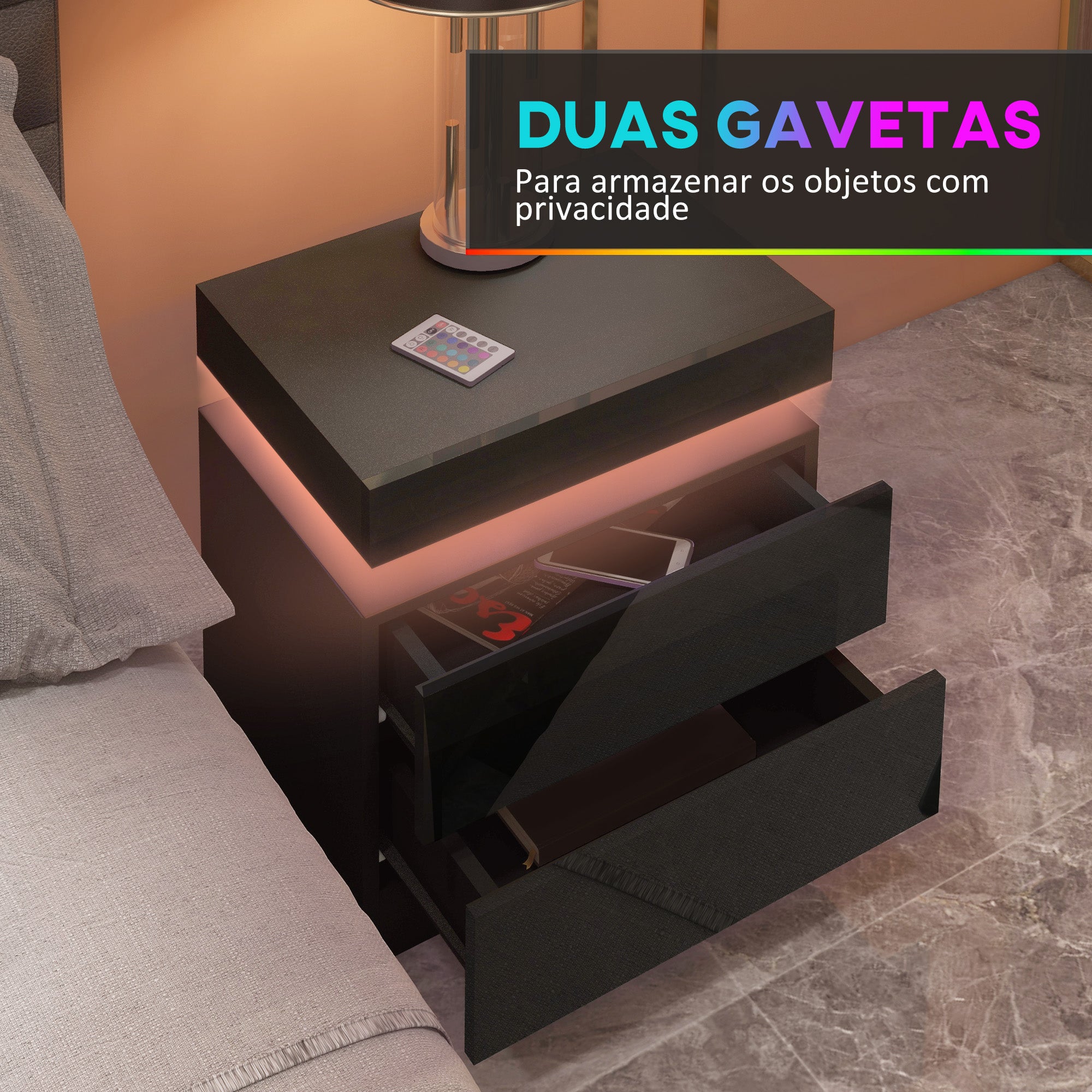 Mesa de Cabeceira com Luz LED 45x35x52 cm Preto