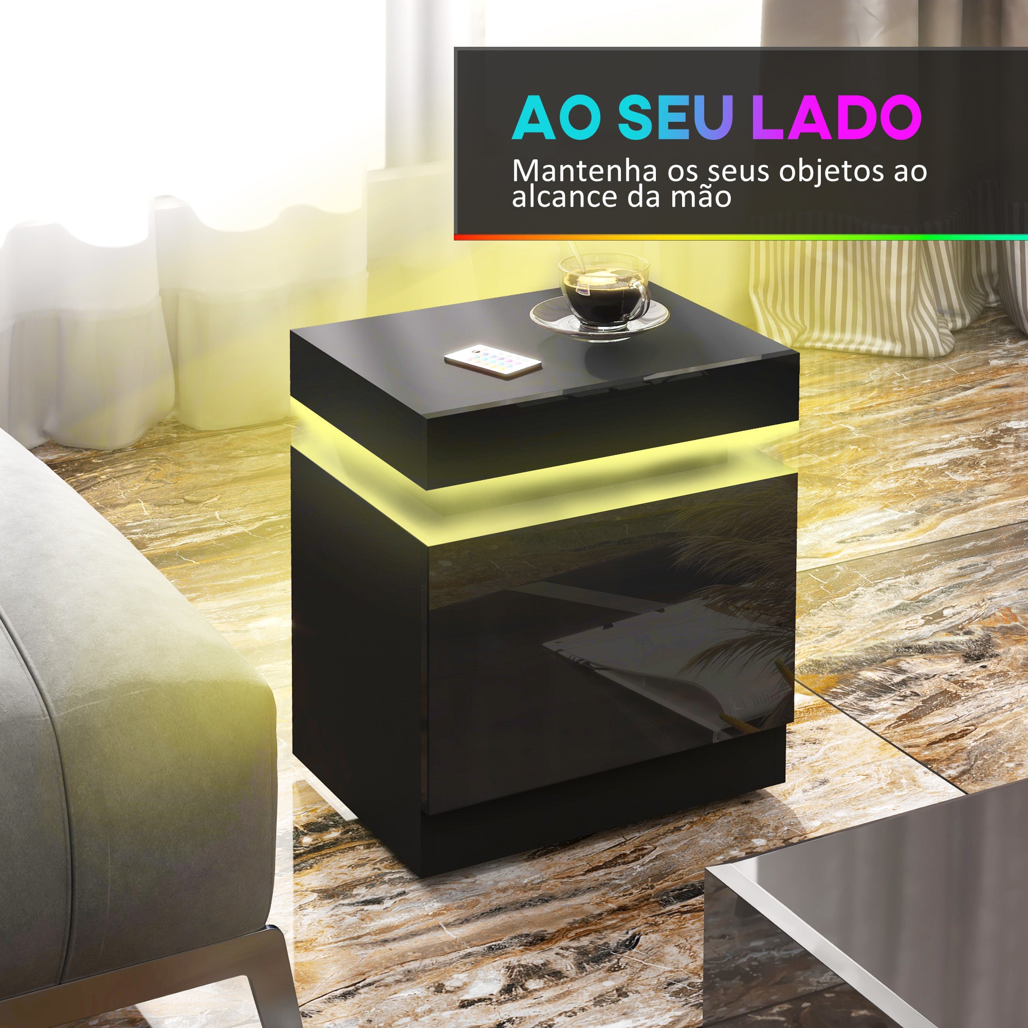 Mesa de Cabeceira com Luz LED 45x35x52 cm Preto