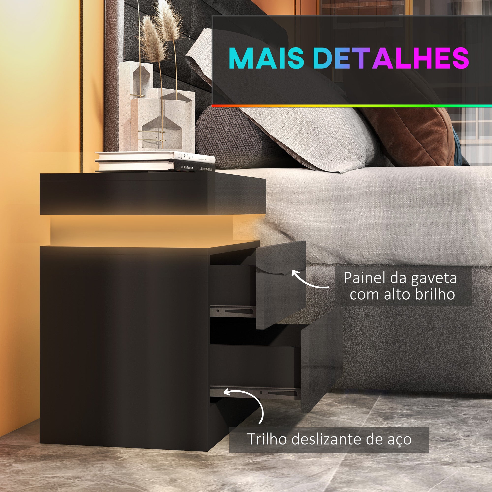 Mesa de Cabeceira com Luz LED 45x35x52 cm Preto