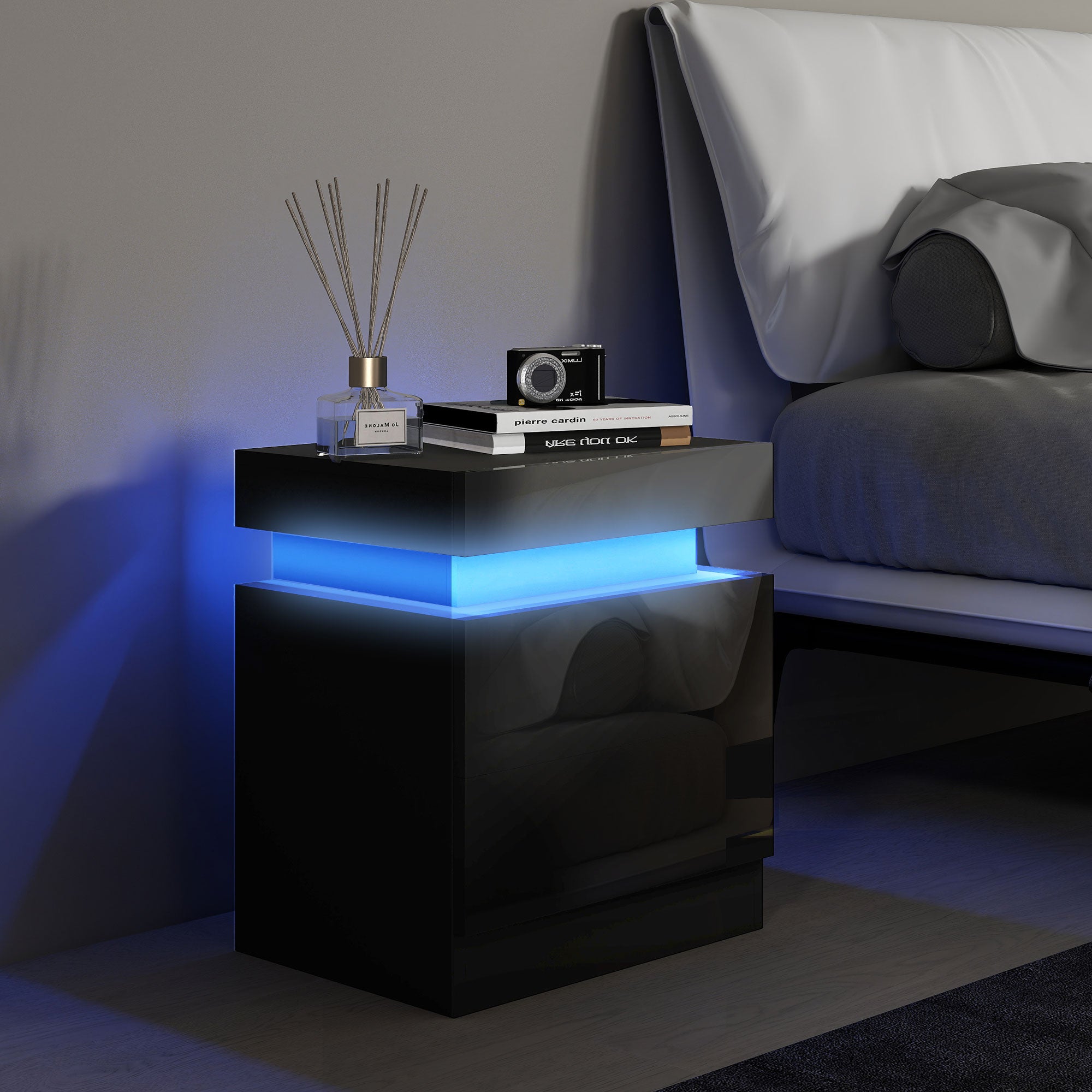 Mesa de Cabeceira com Luz LED 45x35x52 cm Preto